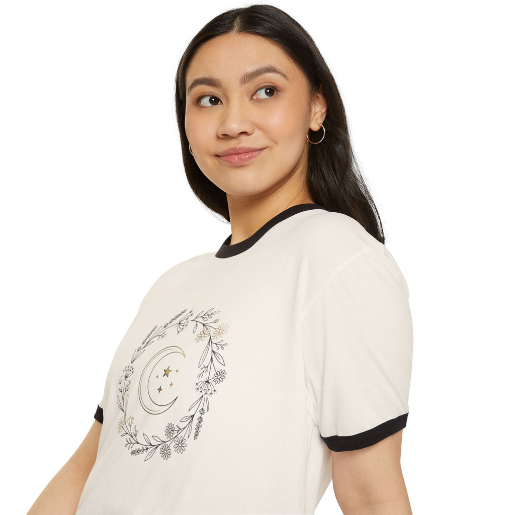 Moon & Botanicals Ringer T-Shirt — Vintage Floral Crescent Moon Tee