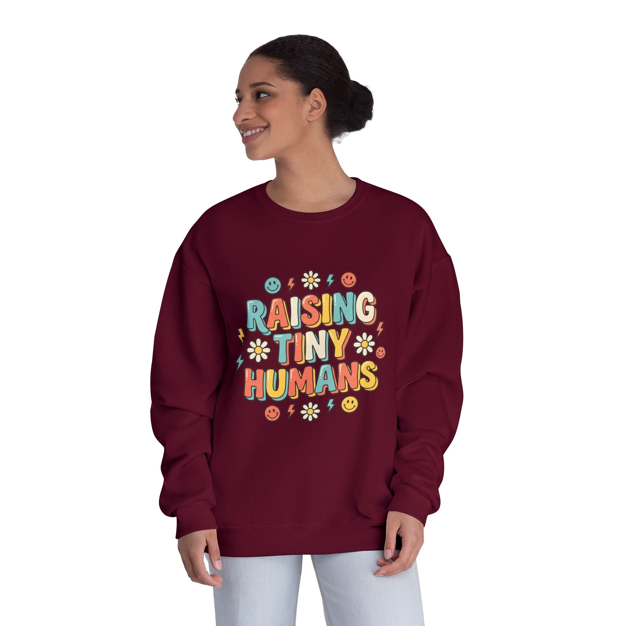 Crewneck Sweatshirt — "Raising Tiny Humans" Colorful Retro Parent Tee