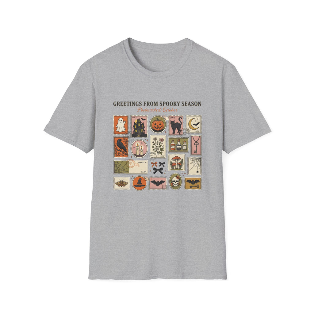 Halloween Stamp Collage T-Shirt — "Greetings From Spooky Season" Vintage Halloween Icons