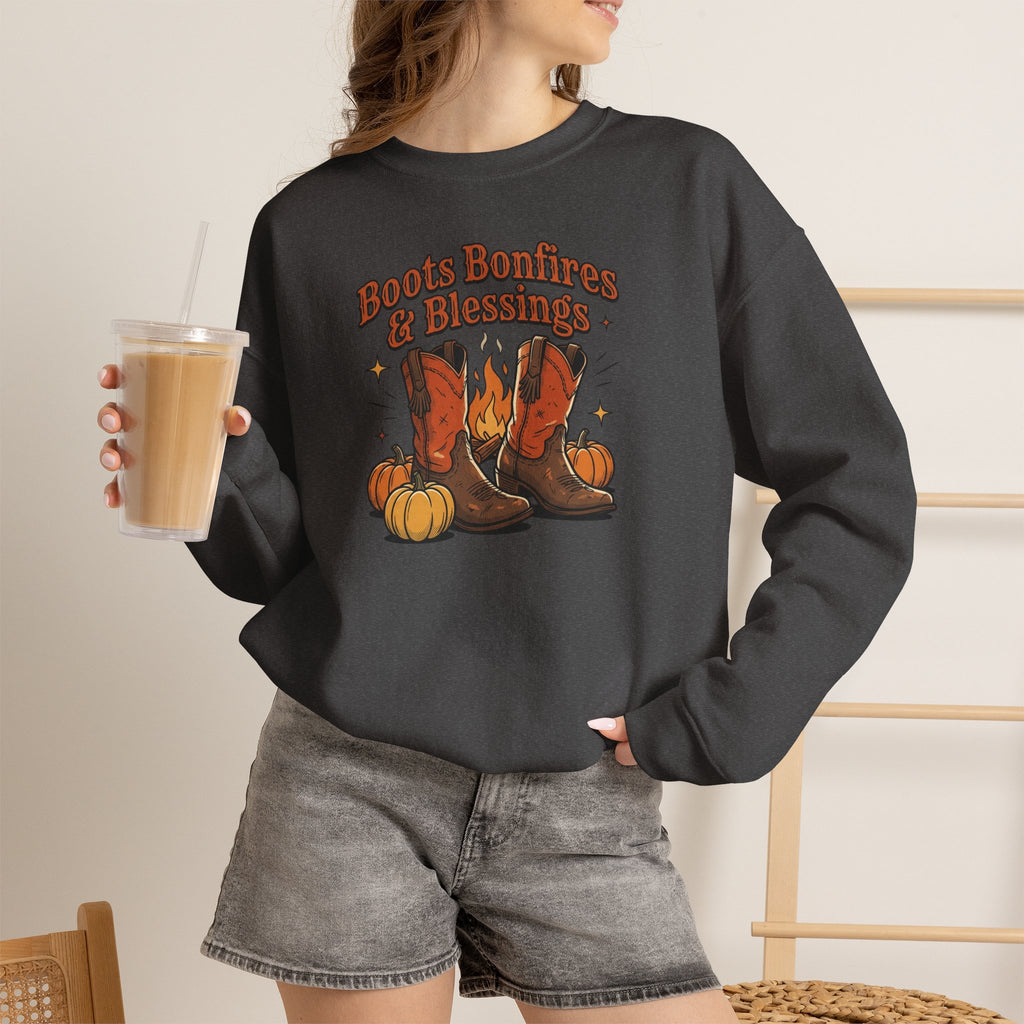 "Boots Bonfires & Blessings" Cozy Fall Pullover