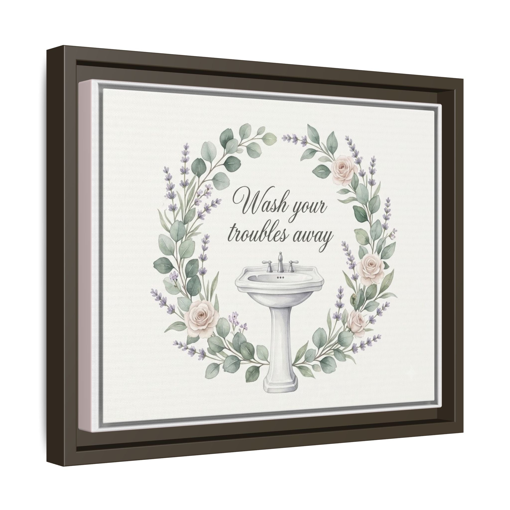 Framed Matte Canvas Wall Art — "Wash Your Troubles Away" Floral Bathroom Sign