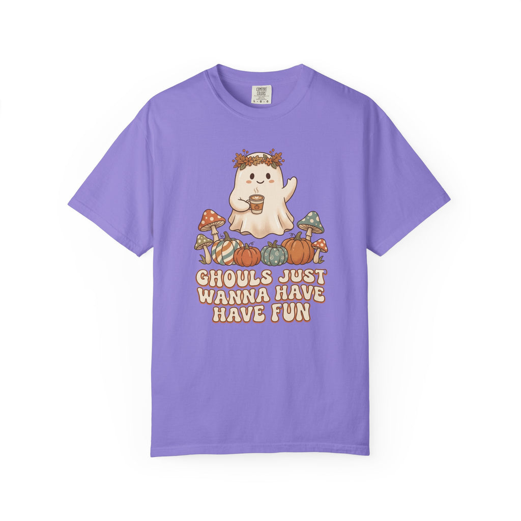 Halloween Ghost T-Shirt — "Ghouls Just Wanna Have Fun" Cute Pumpkin & Mushroom Tee