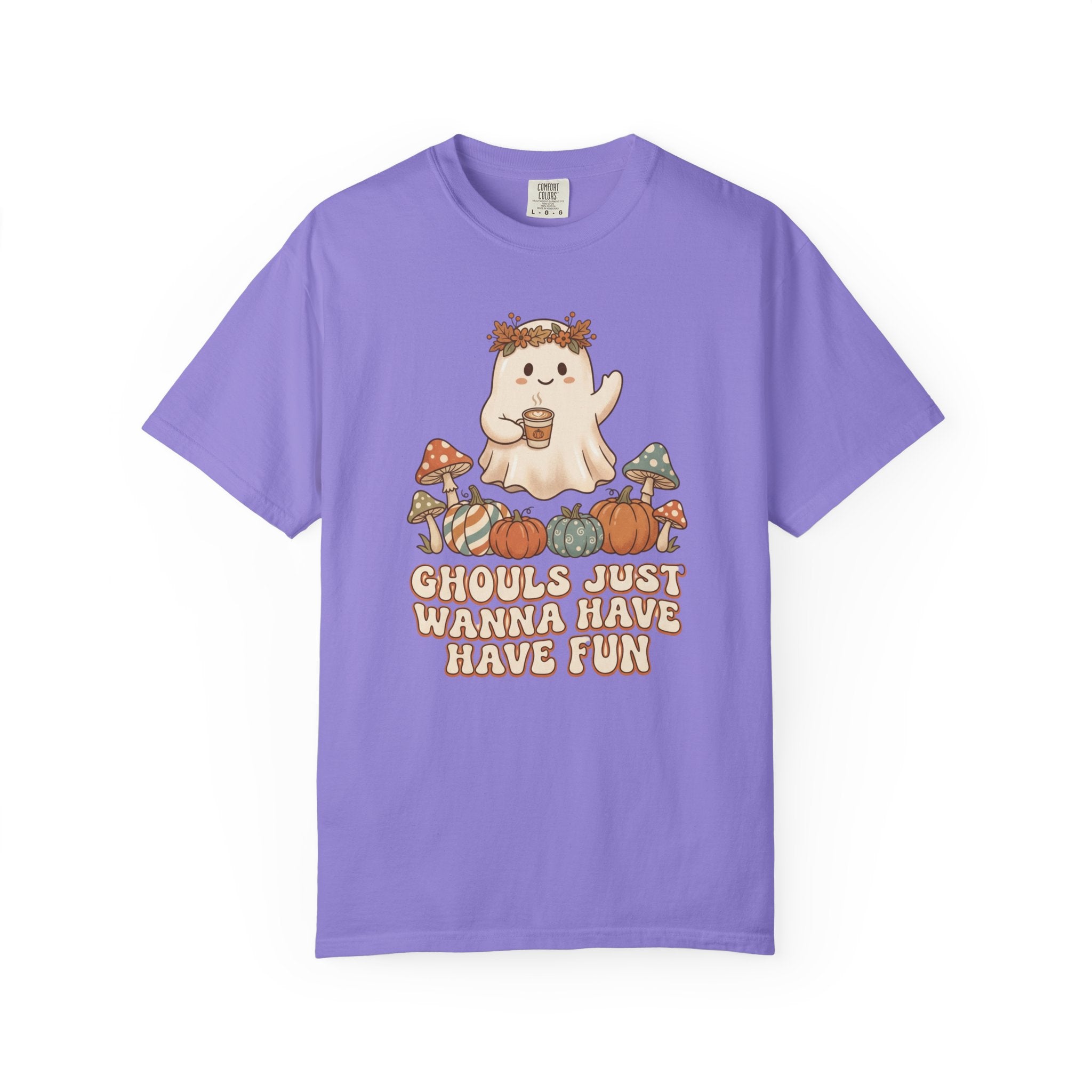 Halloween Ghost T-Shirt — "Ghouls Just Wanna Have Fun" Cute Pumpkin & Mushroom Tee