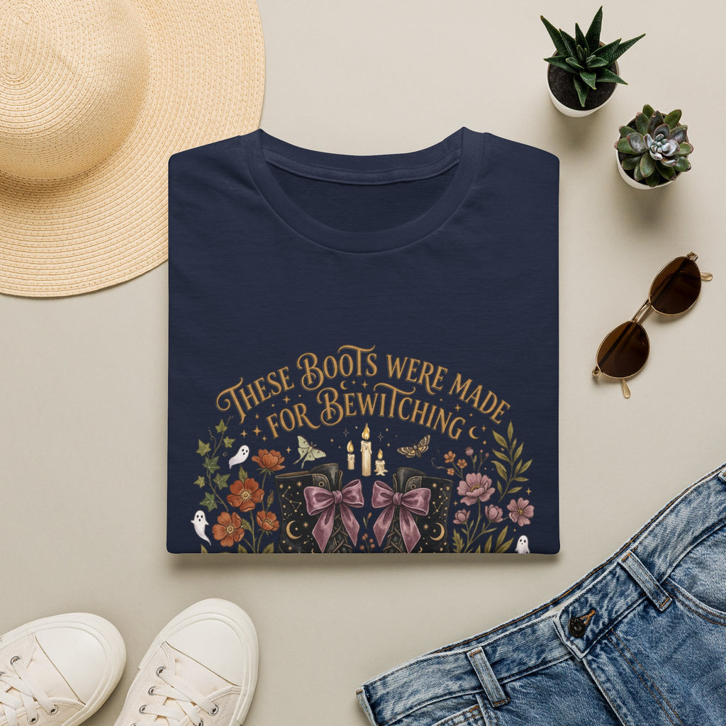 Witchy Boots T-Shirt — "These Boots Were Made for Bewitching" Floral Halloween Tee
