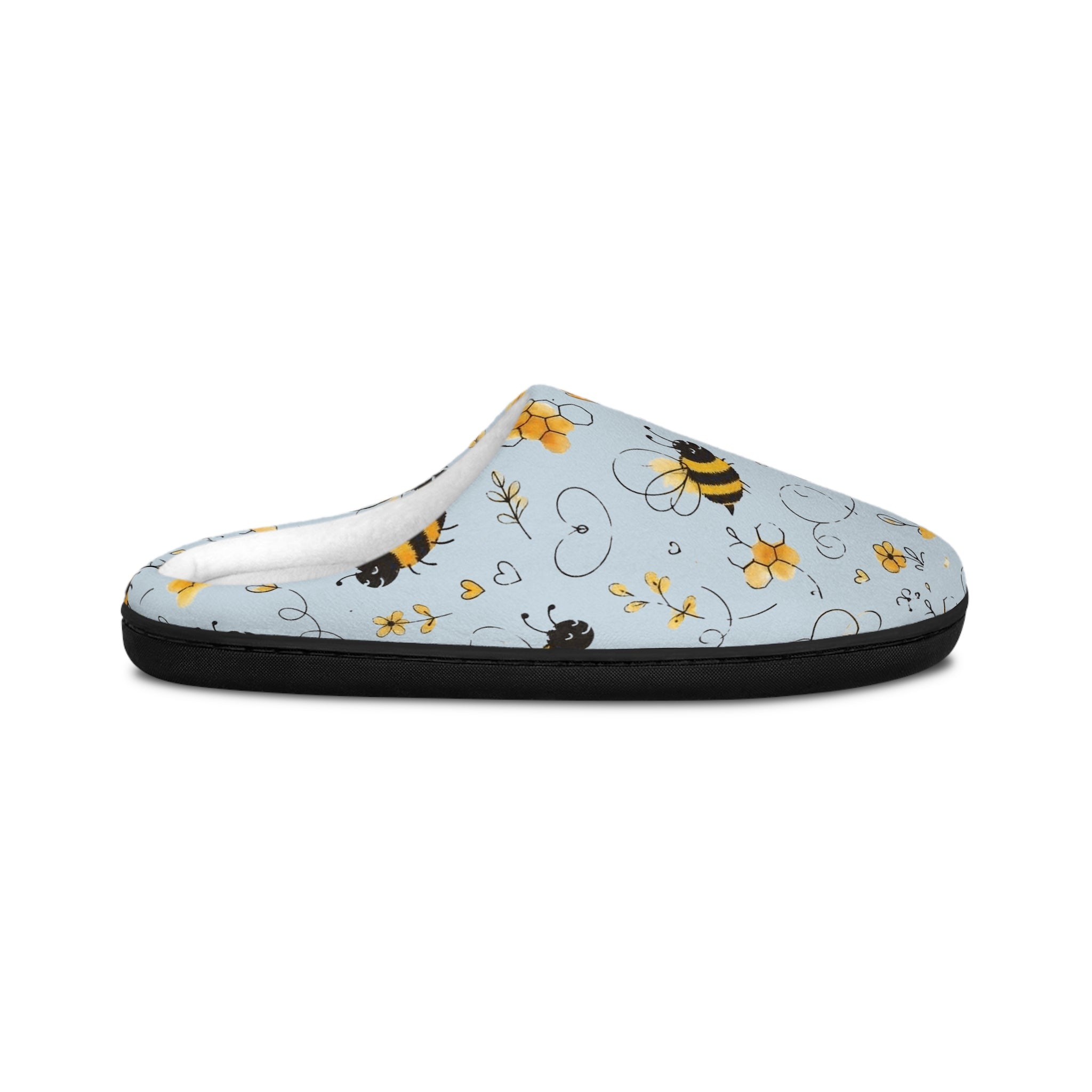 Bee Pattern Women's Indoor Slippers — Cute Yellow Bumblebee Floral Cozy Slip-Ons