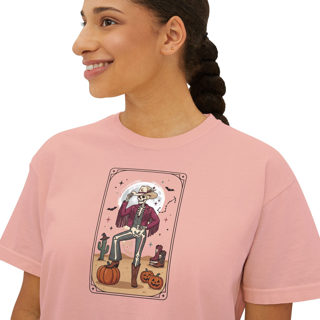 Witch Cat Tarot Boxy Tee — Fall Pumpkin Magic Women’s T-Shirt