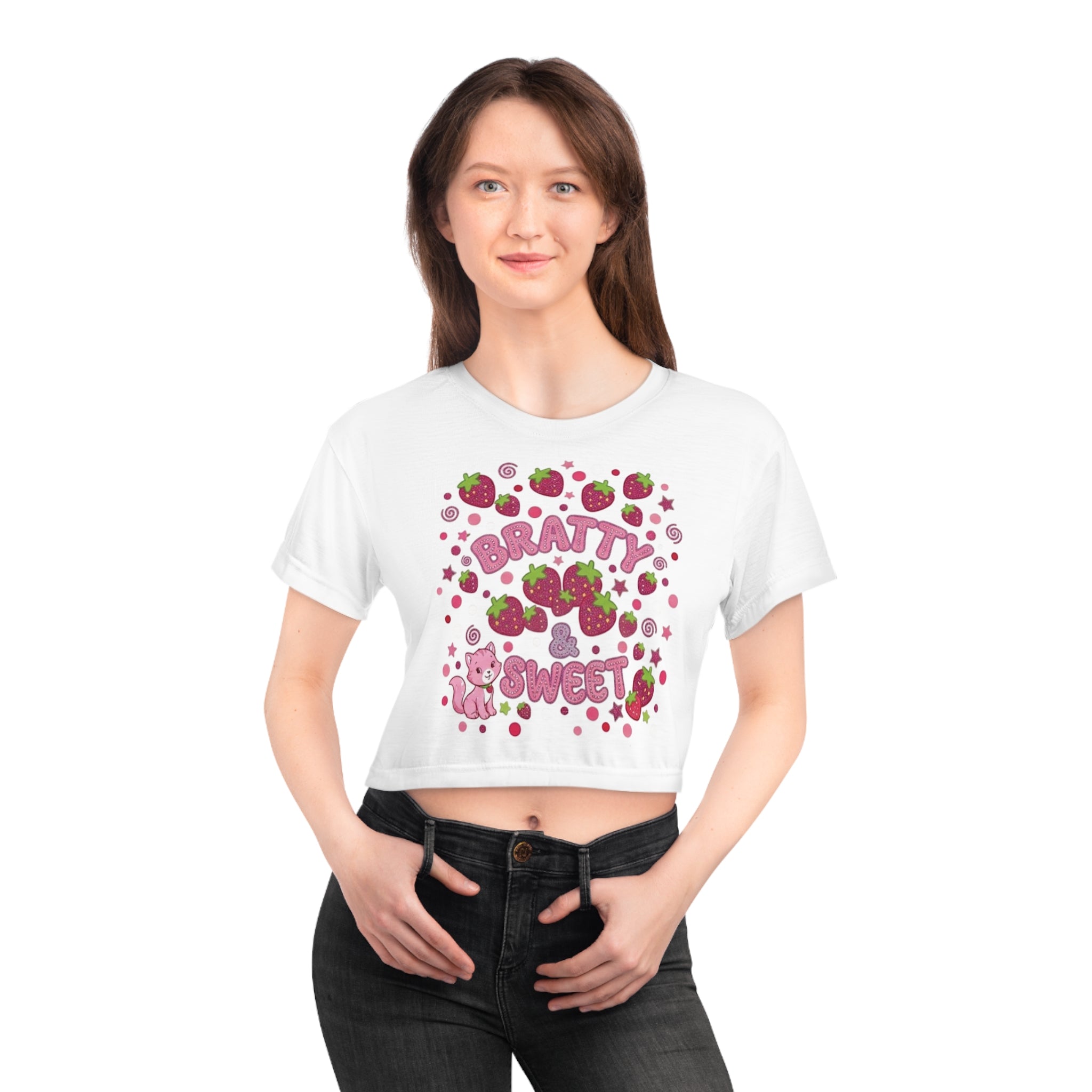 Bratty Sweet Strawberry Crop Tee — Cute Kawaii Pink Graphic Top