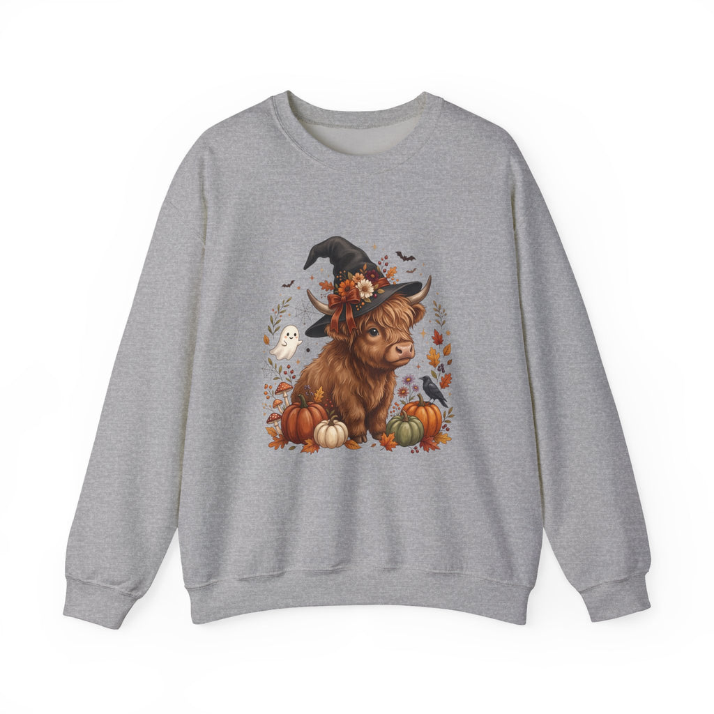 Halloween Highland Cow Sweatshirt – Cute Witch Hat & Pumpkins Fall Crewneck