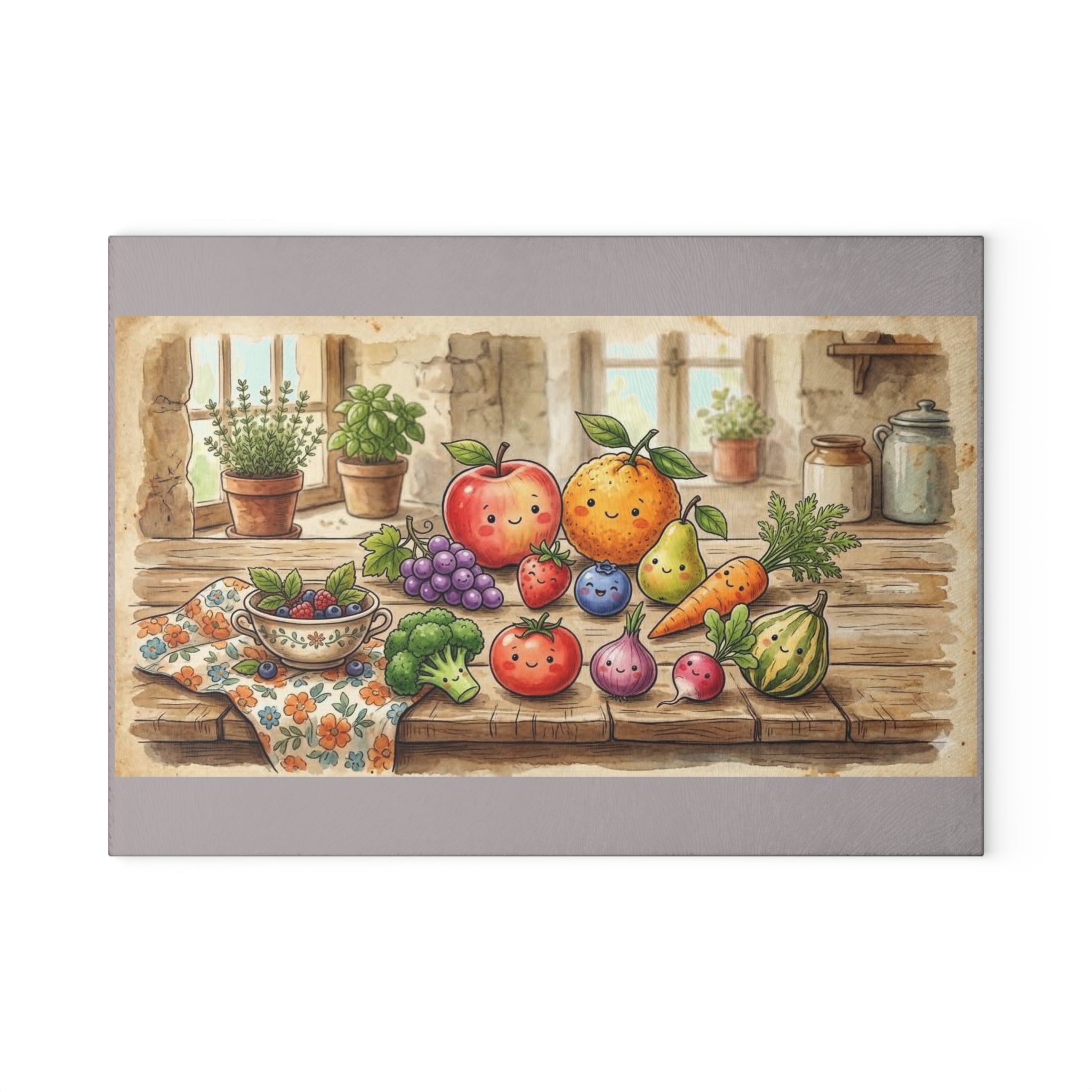 Glass Cutting Board — Charming Farmhouse Fruits Kitchen Cutting Board with Cute Fruit Illustration