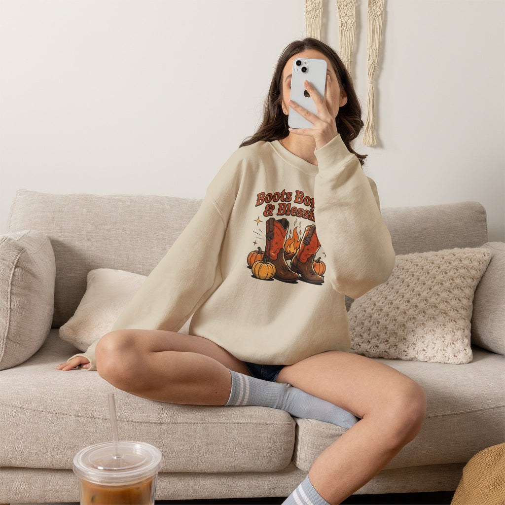"Boots Bonfires & Blessings" Cozy Fall Pullover