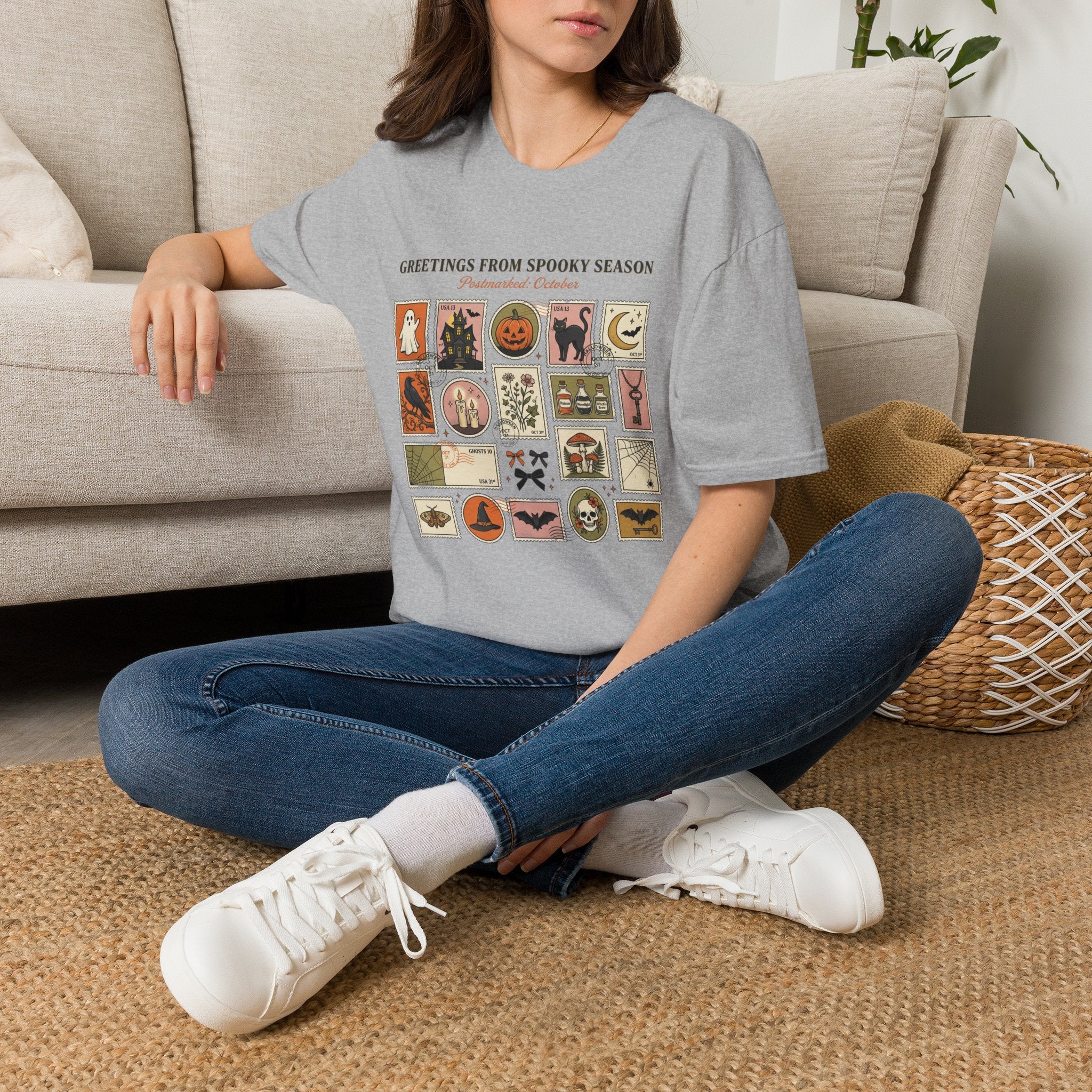 Halloween Stamp Collage T-Shirt — "Greetings From Spooky Season" Vintage Halloween Icons