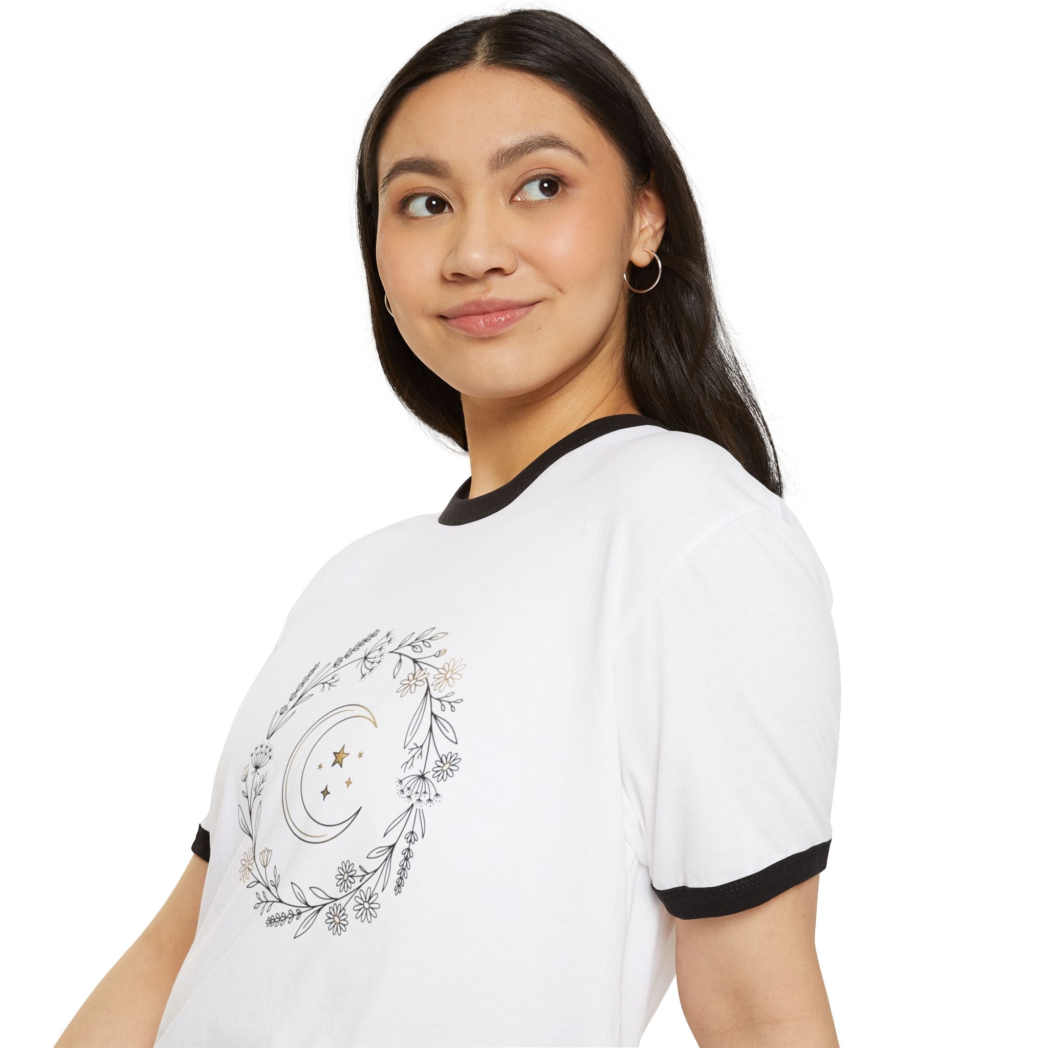 Moon & Botanicals Ringer T-Shirt — Vintage Floral Crescent Moon Tee