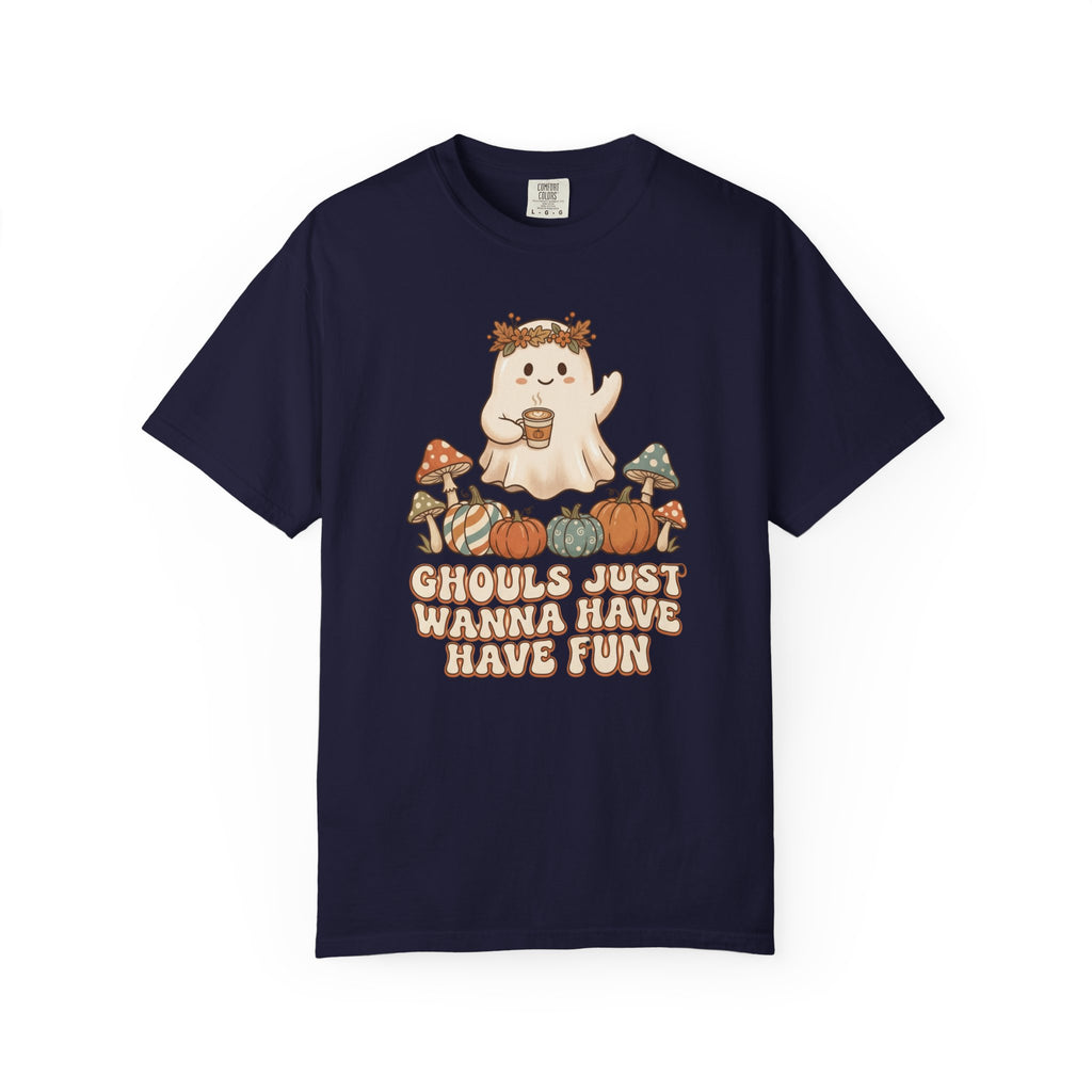 Halloween Ghost T-Shirt — "Ghouls Just Wanna Have Fun" Cute Pumpkin & Mushroom Tee