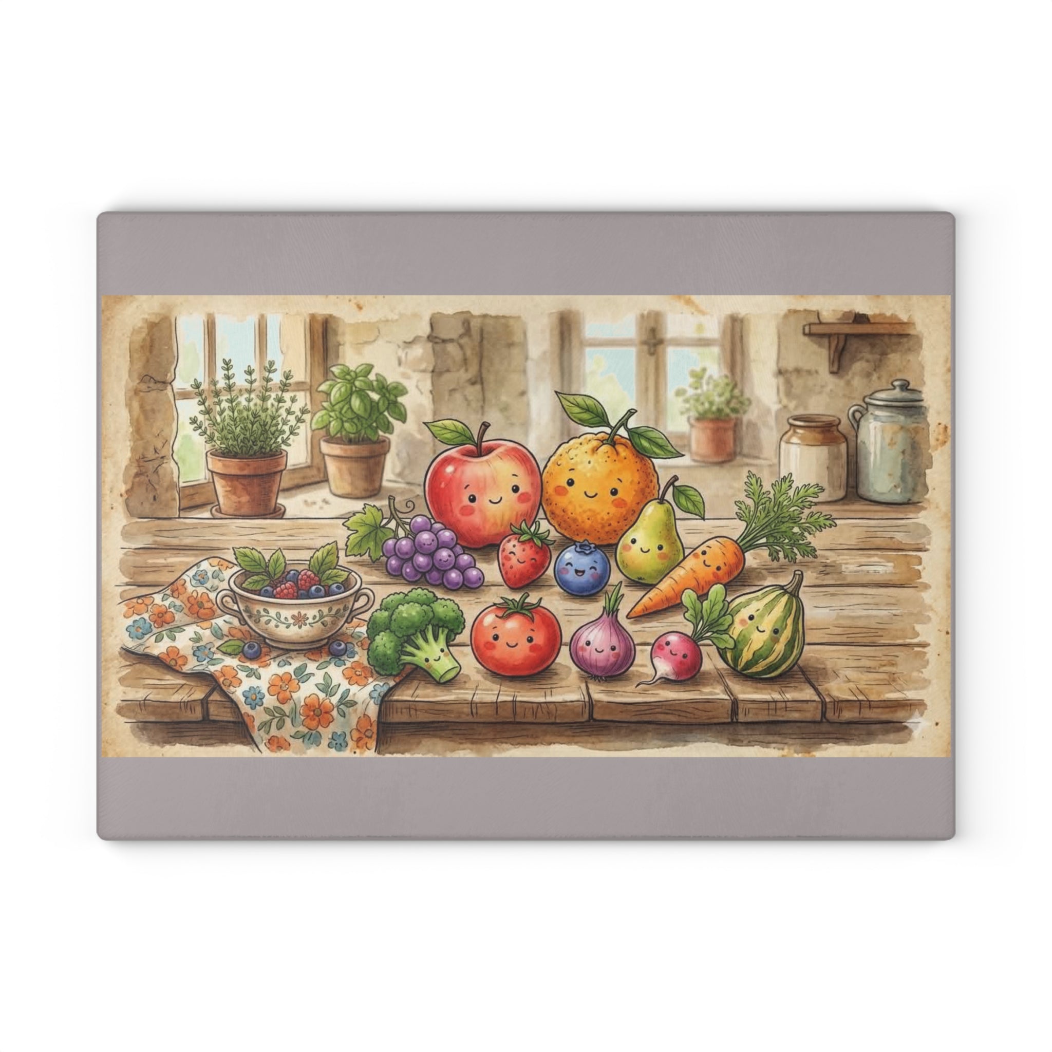 Glass Cutting Board — Charming Farmhouse Fruits Kitchen Cutting Board with Cute Fruit Illustration