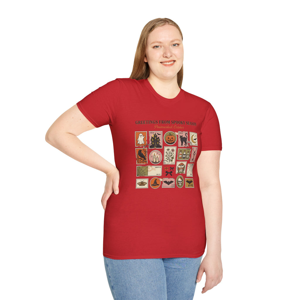 Halloween Stamp Collage T-Shirt — "Greetings From Spooky Season" Vintage Halloween Icons