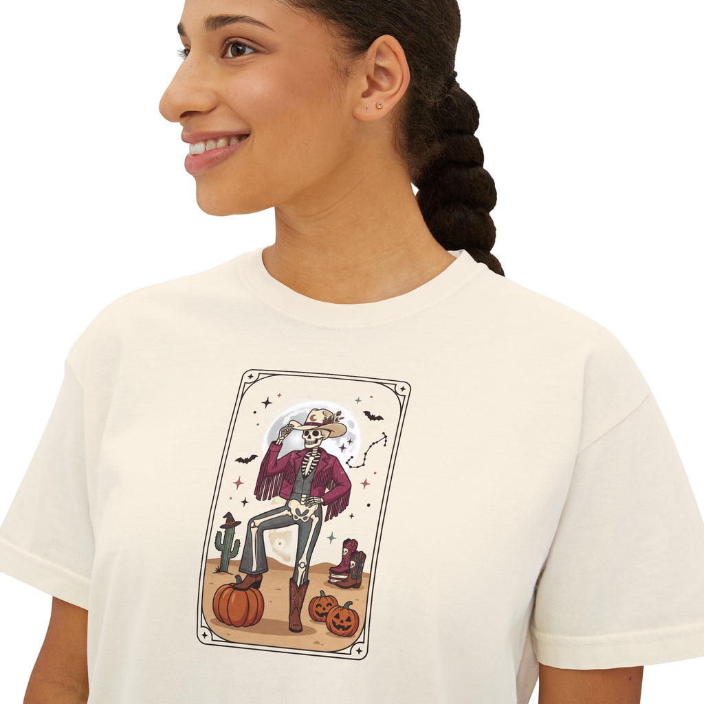 Witch Cat Tarot Boxy Tee — Fall Pumpkin Magic Women’s T-Shirt