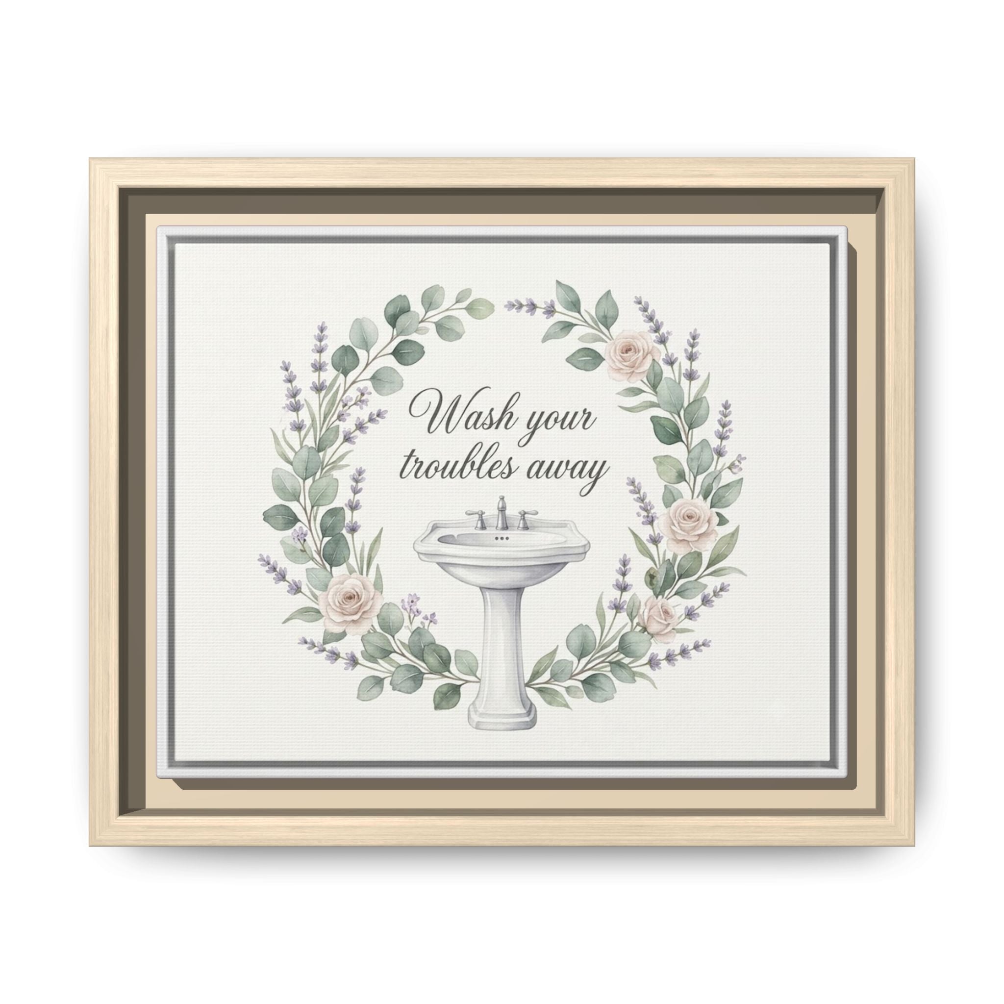 Framed Matte Canvas Wall Art — "Wash Your Troubles Away" Floral Bathroom Sign
