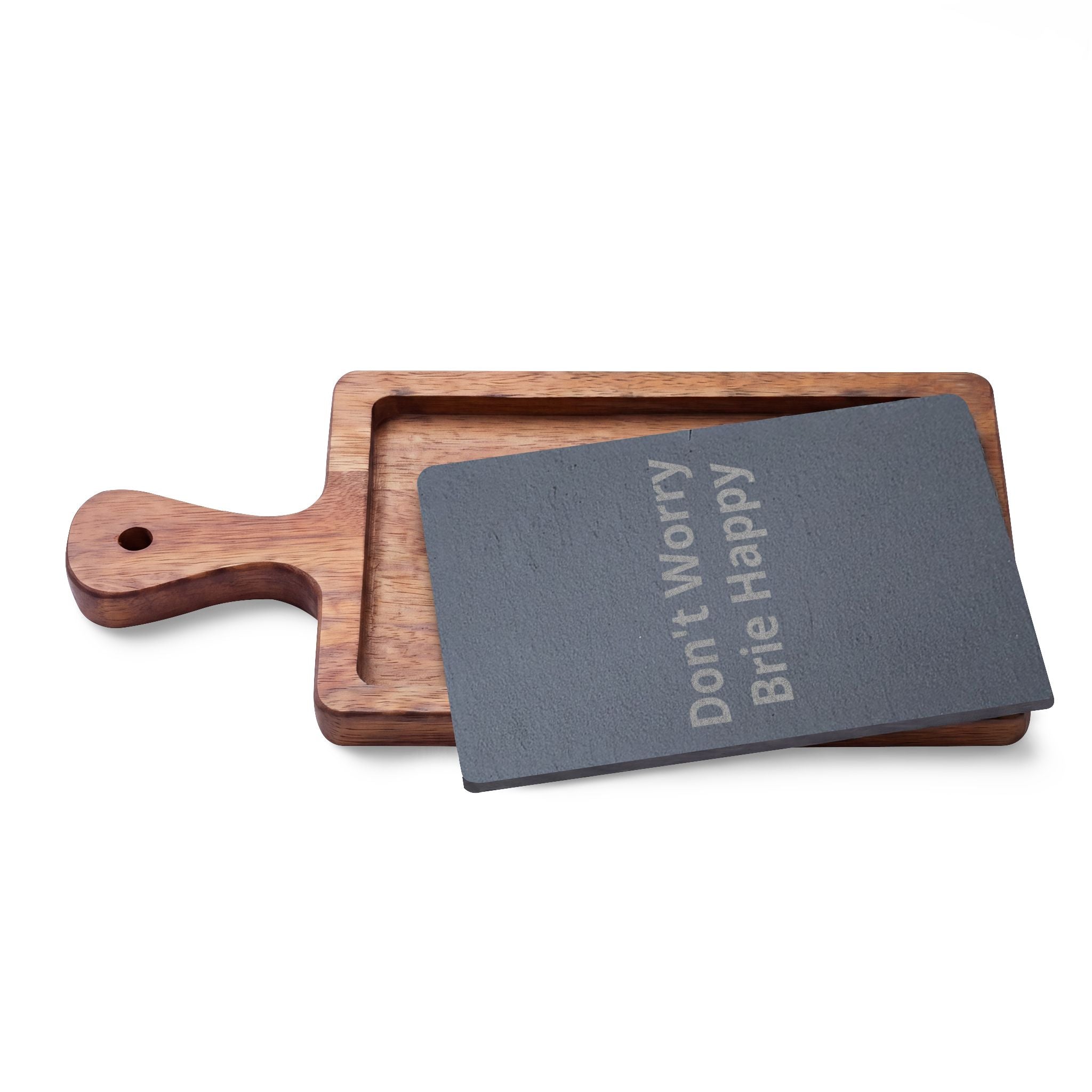 Engraved Acacia Charcuterie Board - "Don't Worry Brie Happy" Slate Cheese Set