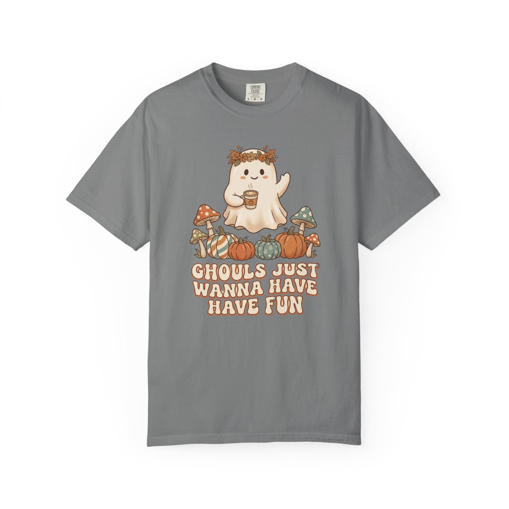 Halloween Ghost T-Shirt — "Ghouls Just Wanna Have Fun" Cute Pumpkin & Mushroom Tee