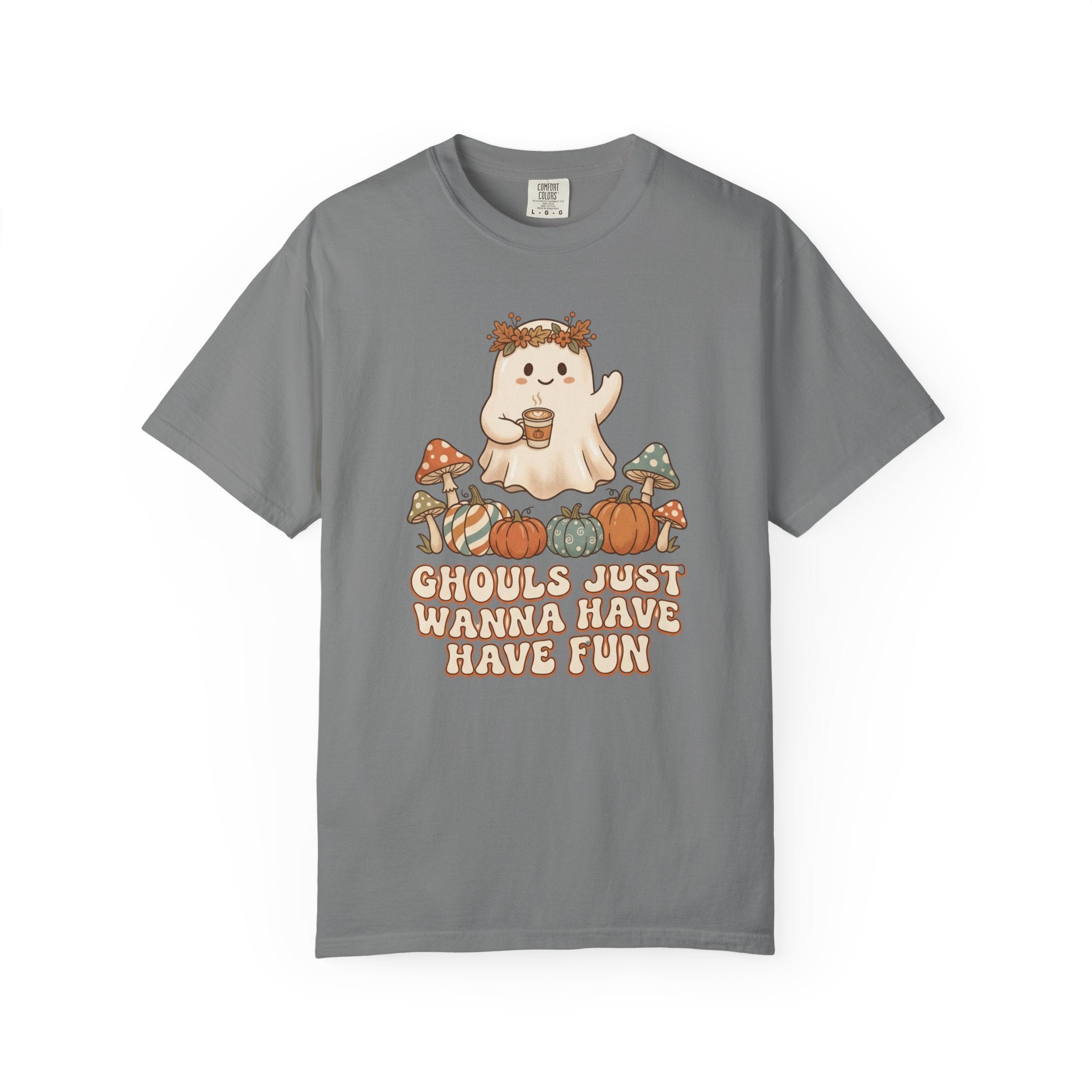 Halloween Ghost T-Shirt — "Ghouls Just Wanna Have Fun" Cute Pumpkin & Mushroom Tee
