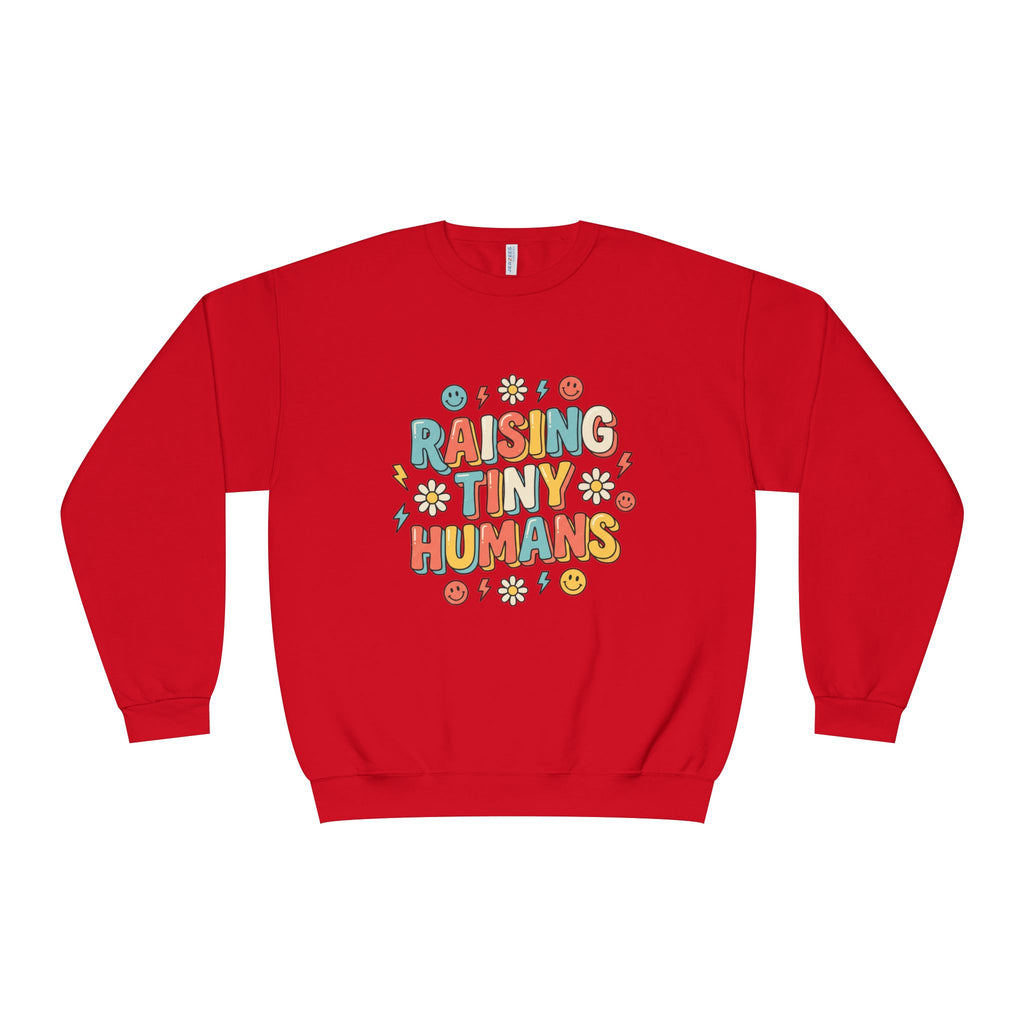 Crewneck Sweatshirt — "Raising Tiny Humans" Colorful Retro Parent Tee