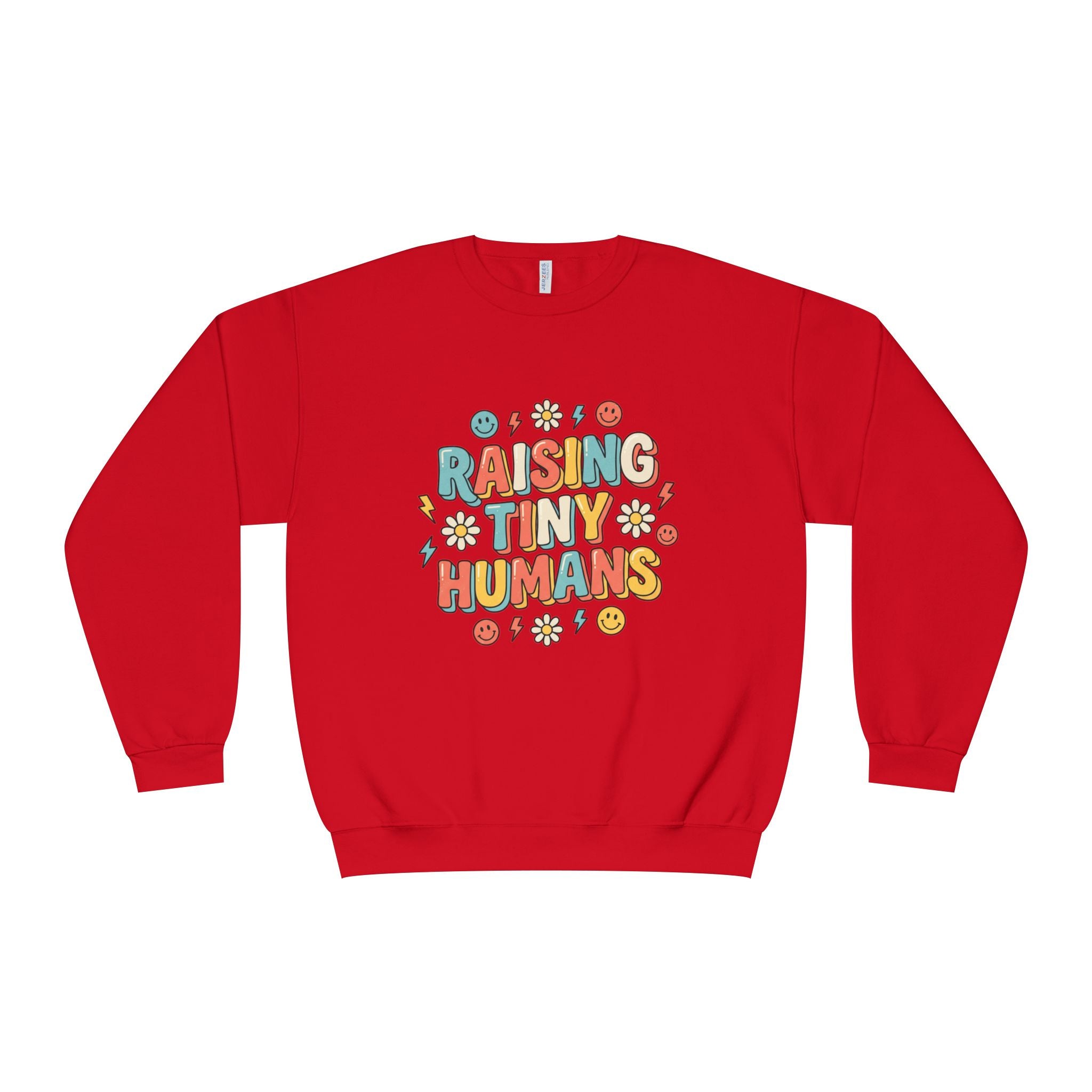 Crewneck Sweatshirt — "Raising Tiny Humans" Colorful Retro Parent Tee