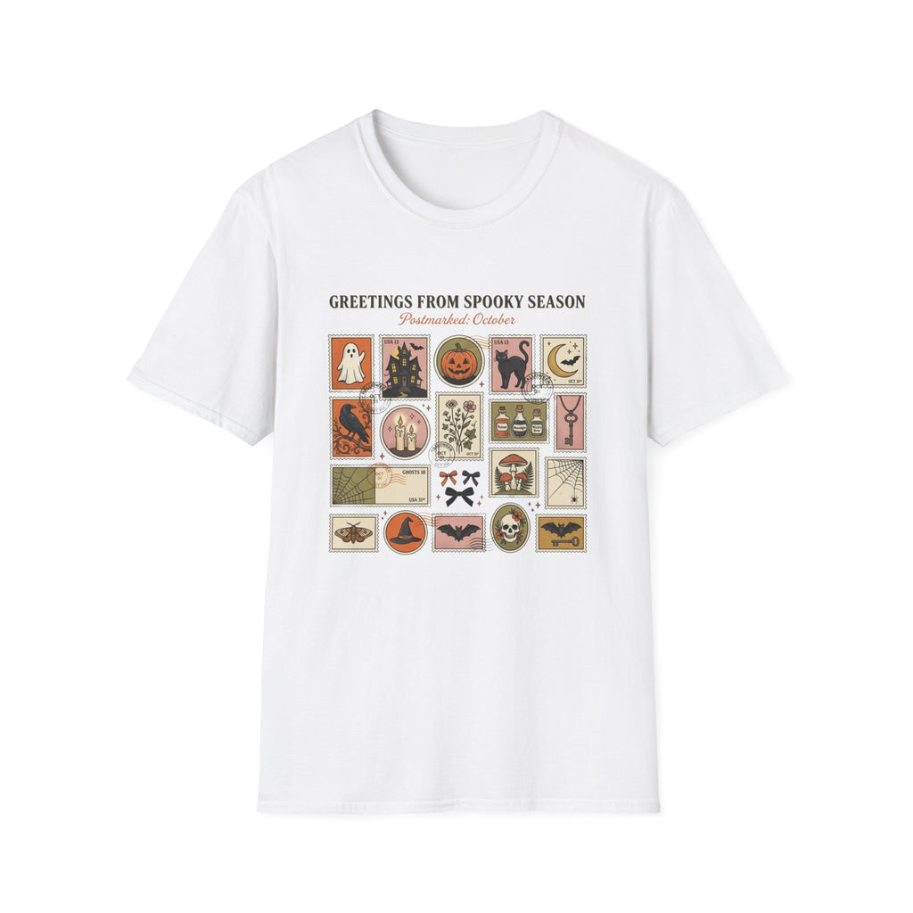 Halloween Stamp Collage T-Shirt — "Greetings From Spooky Season" Vintage Halloween Icons