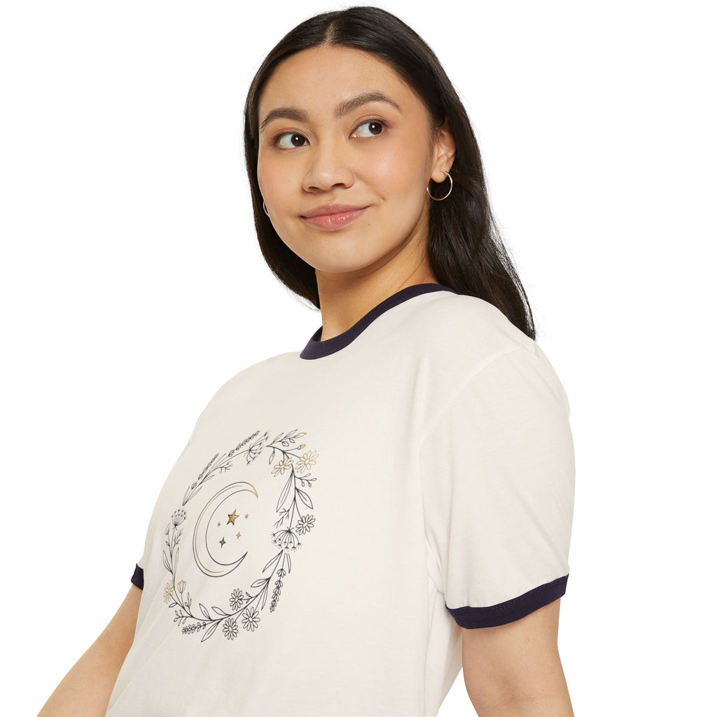 Moon & Botanicals Ringer T-Shirt — Vintage Floral Crescent Moon Tee