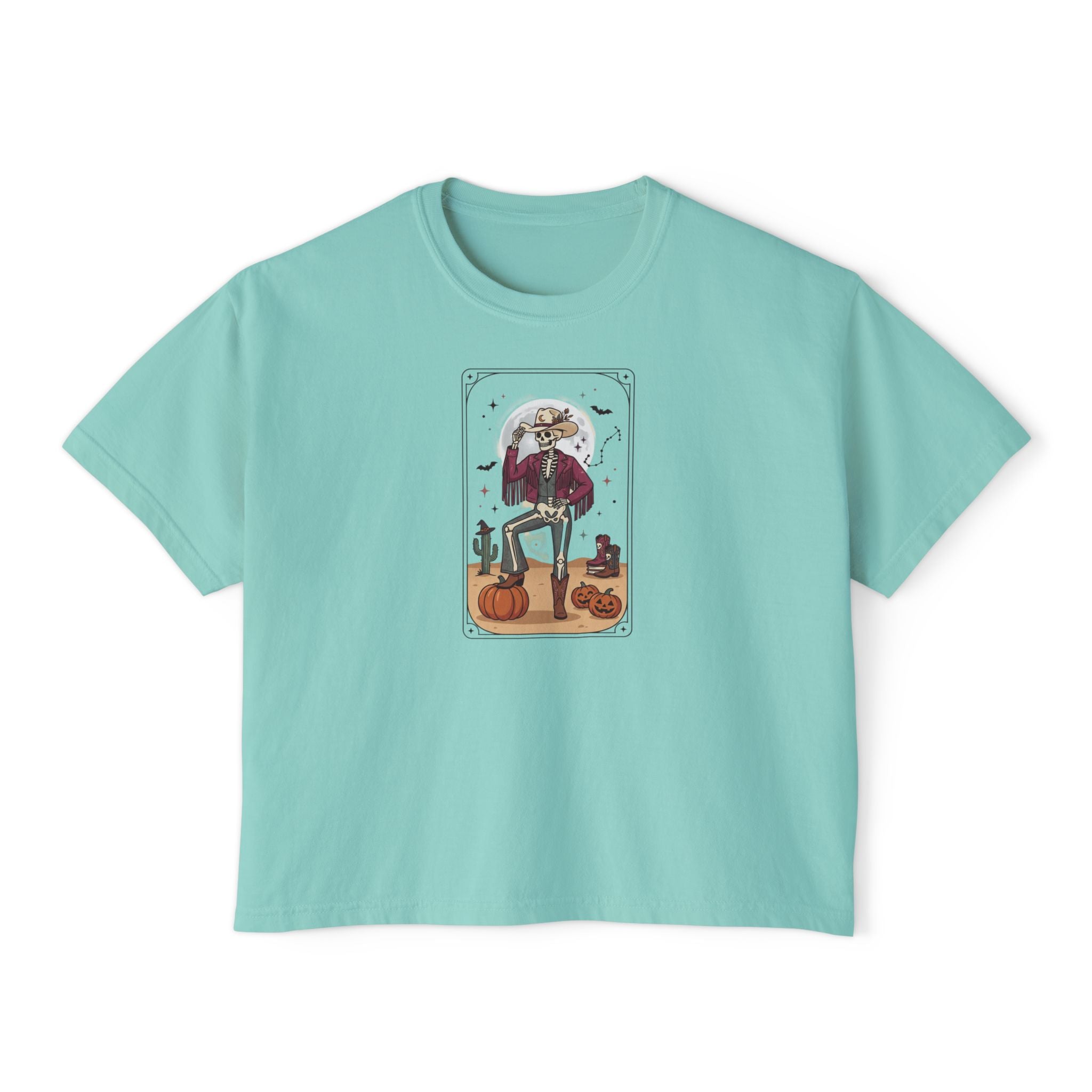 Witch Cat Tarot Boxy Tee — Fall Pumpkin Magic Women’s T-Shirt