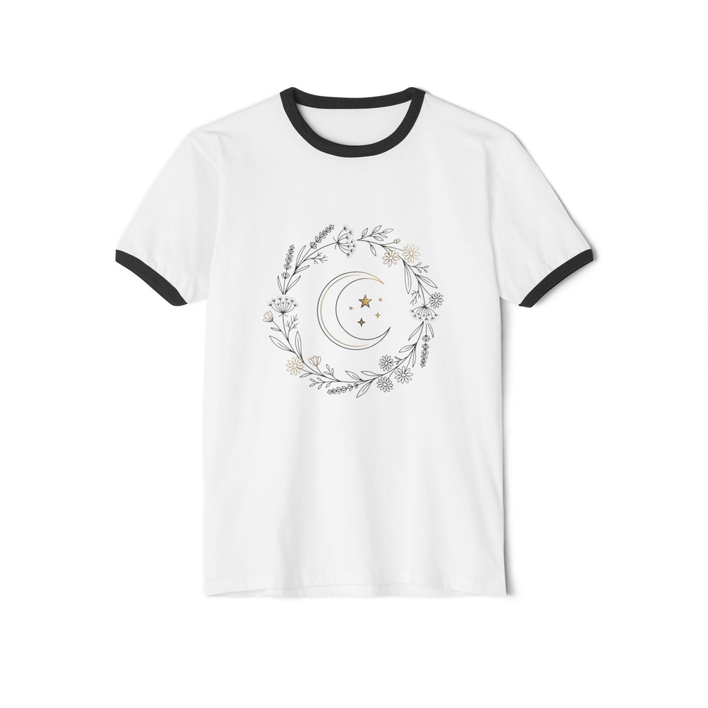 Moon & Botanicals Ringer T-Shirt — Vintage Floral Crescent Moon Tee