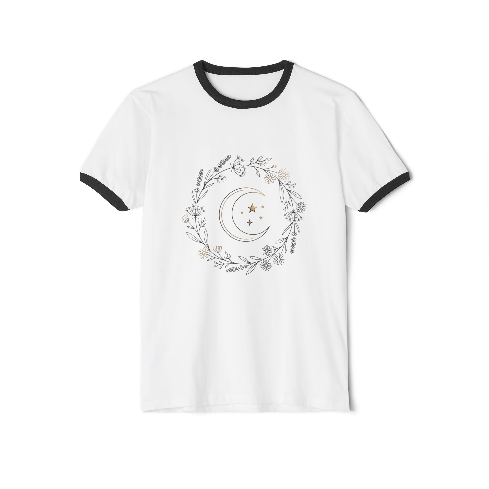 Moon & Botanicals Ringer T-Shirt — Vintage Floral Crescent Moon Tee