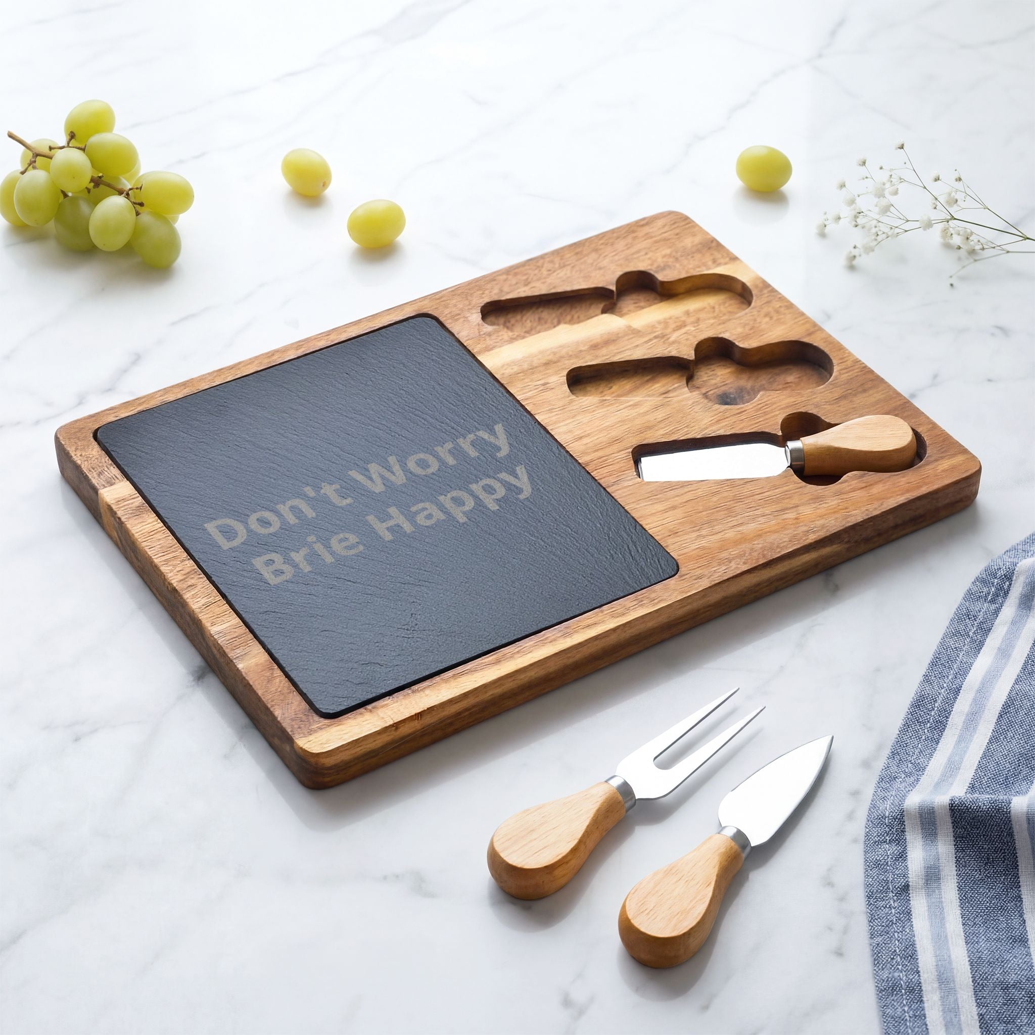Engraved Acacia Charcuterie Board - "Don't Worry Brie Happy" Slate Cheese Set