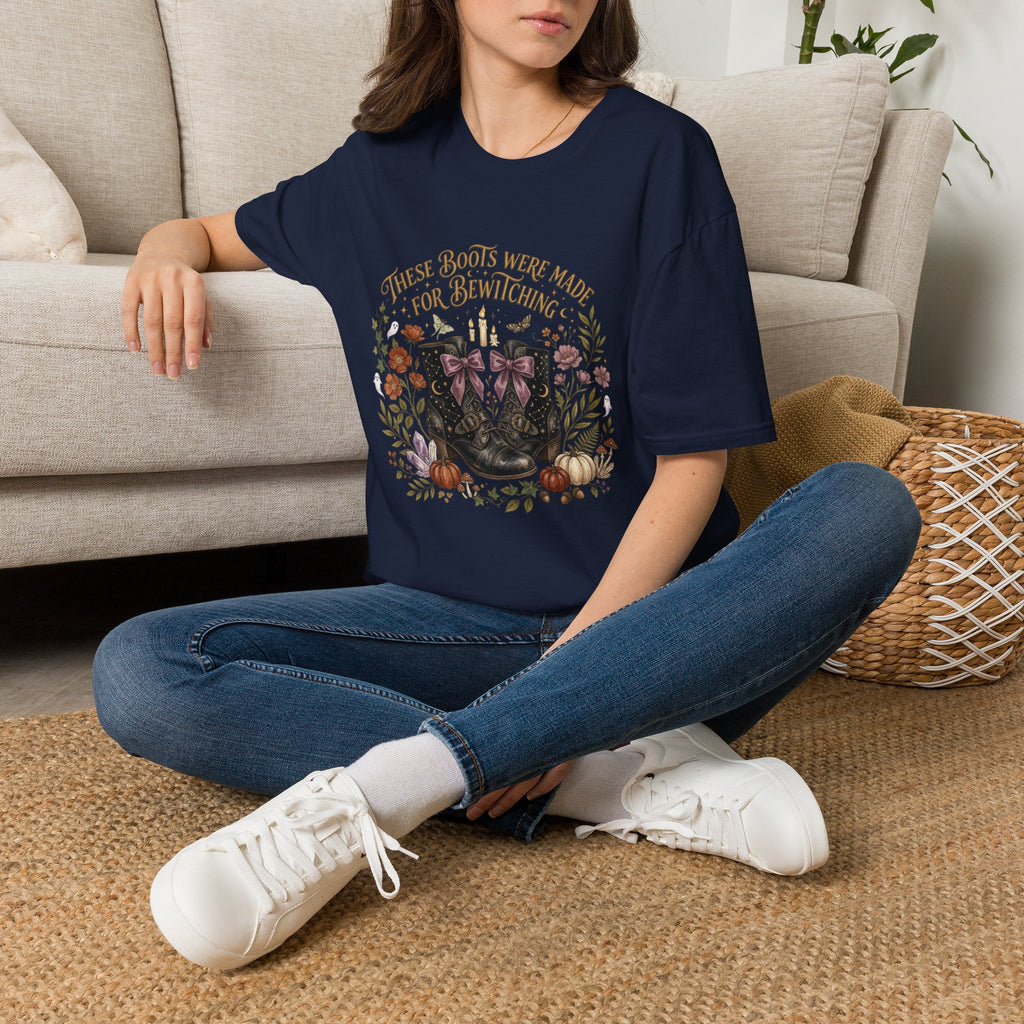 Witchy Boots T-Shirt — "These Boots Were Made for Bewitching" Floral Halloween Tee