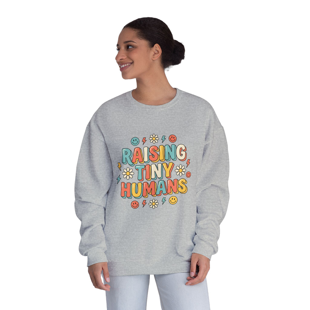 Crewneck Sweatshirt — "Raising Tiny Humans" Colorful Retro Parent Tee