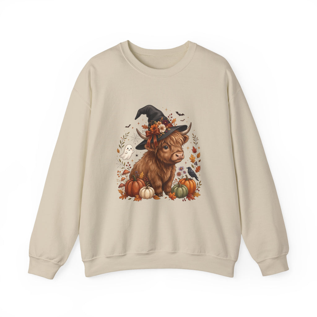 Halloween Highland Cow Sweatshirt – Cute Witch Hat & Pumpkins Fall Crewneck