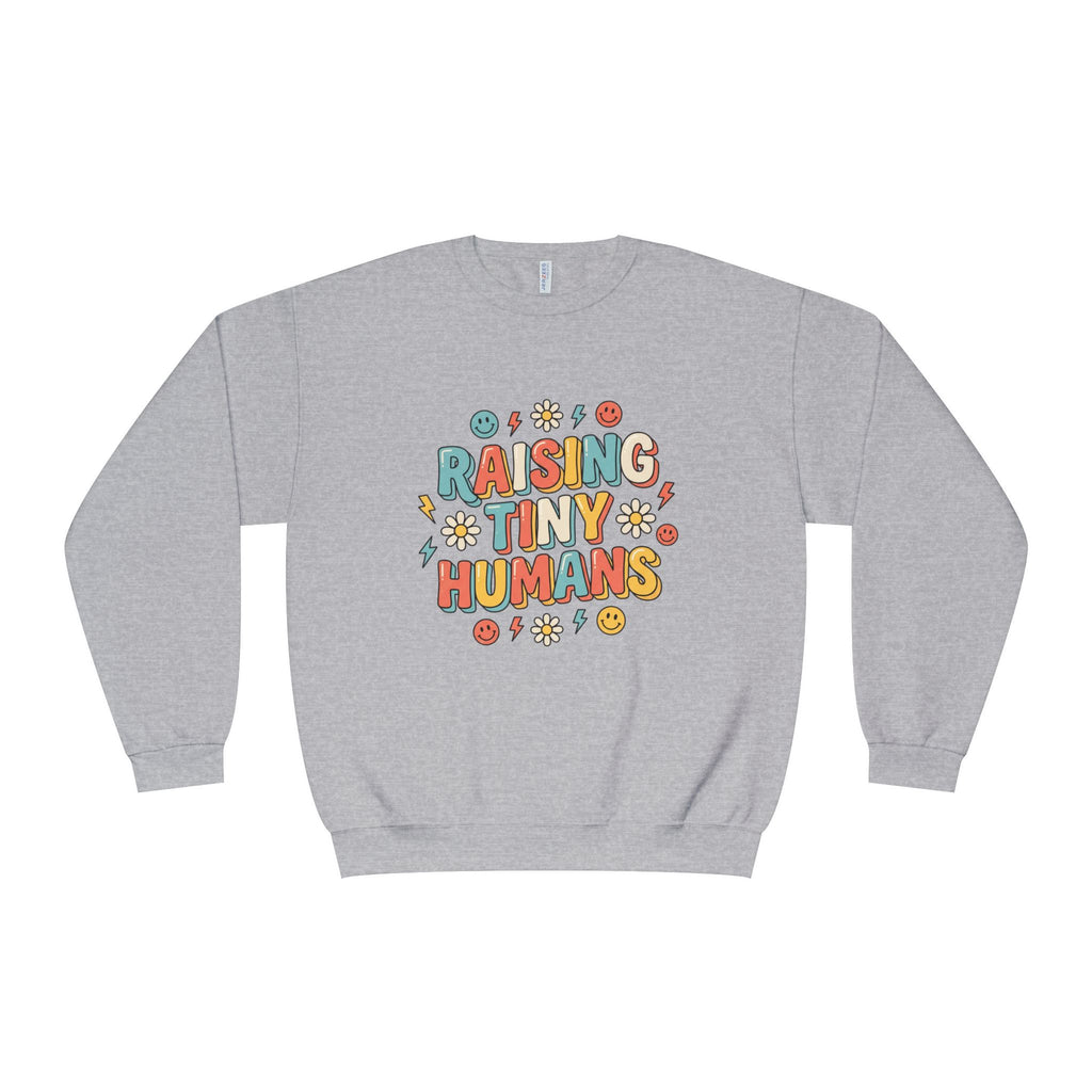 Crewneck Sweatshirt — "Raising Tiny Humans" Colorful Retro Parent Tee