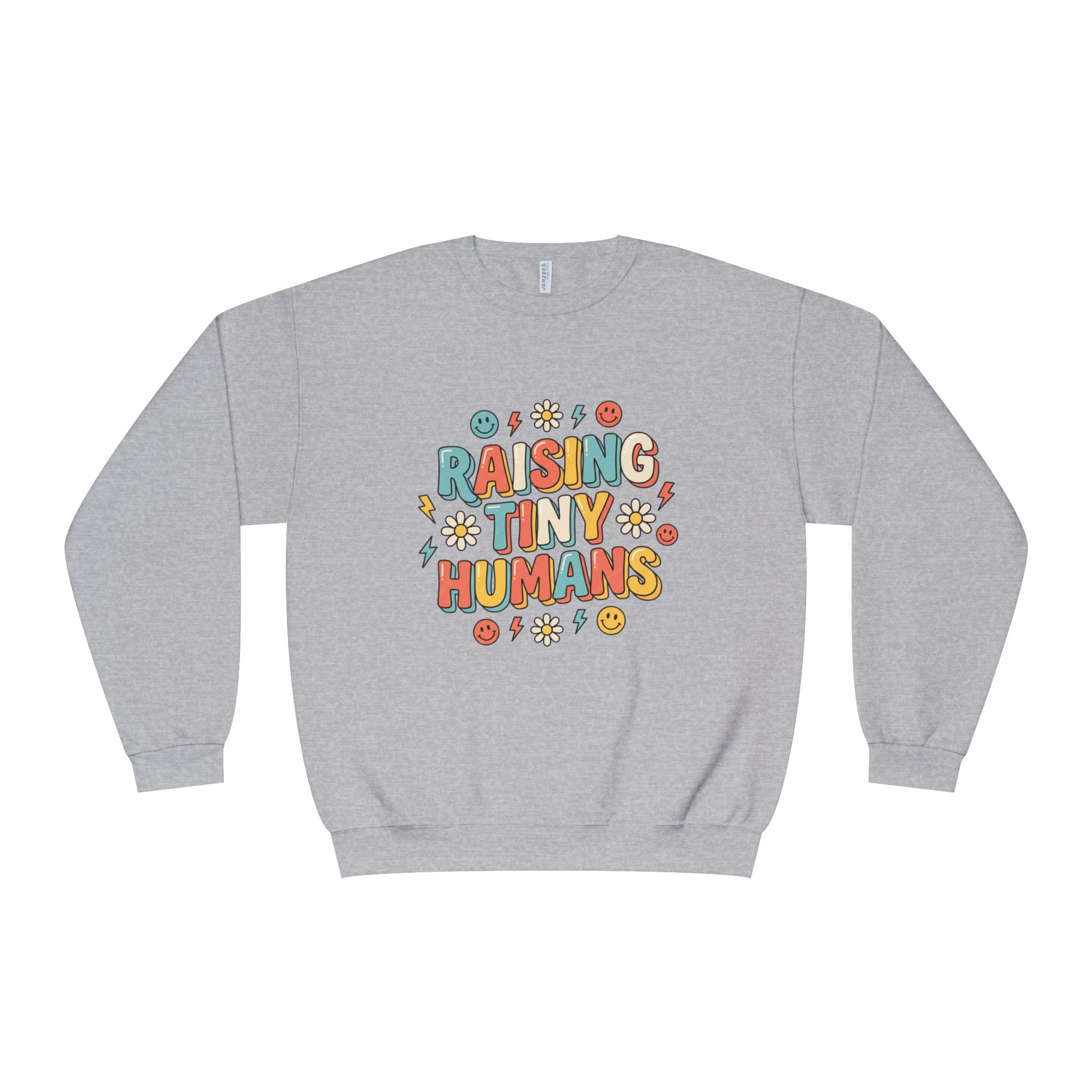 Crewneck Sweatshirt — "Raising Tiny Humans" Colorful Retro Parent Tee