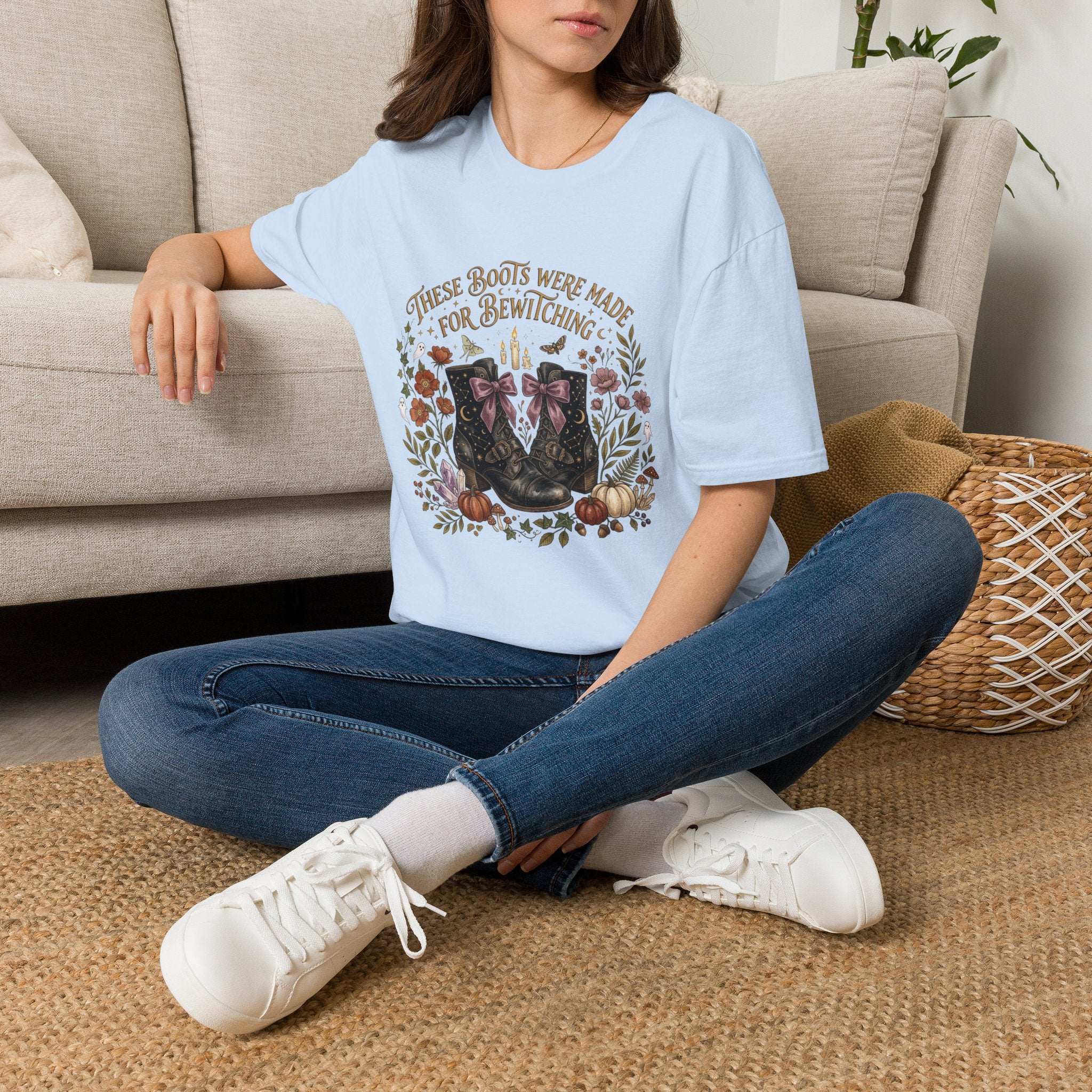 Witchy Boots T-Shirt — "These Boots Were Made for Bewitching" Floral Halloween Tee
