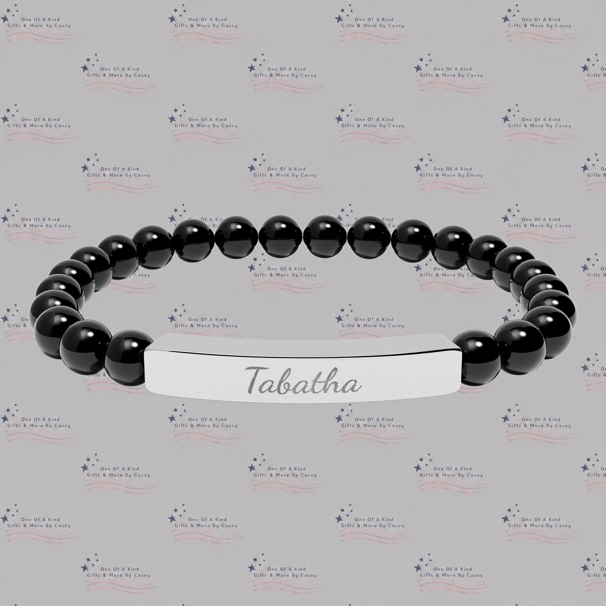 Engravable Natural Stone Bead Stretch Bracelet — Personalized Bar Bracelet