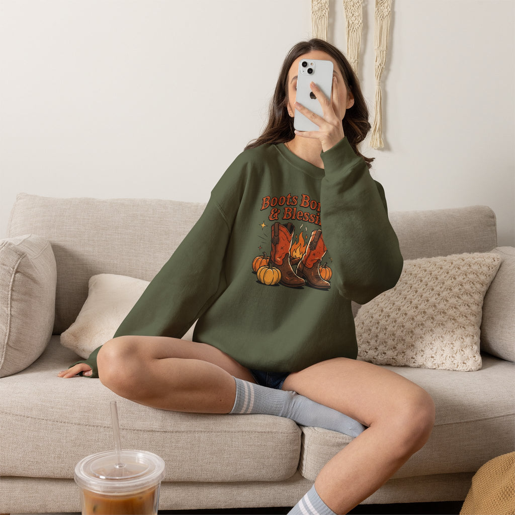 "Boots Bonfires & Blessings" Cozy Fall Pullover