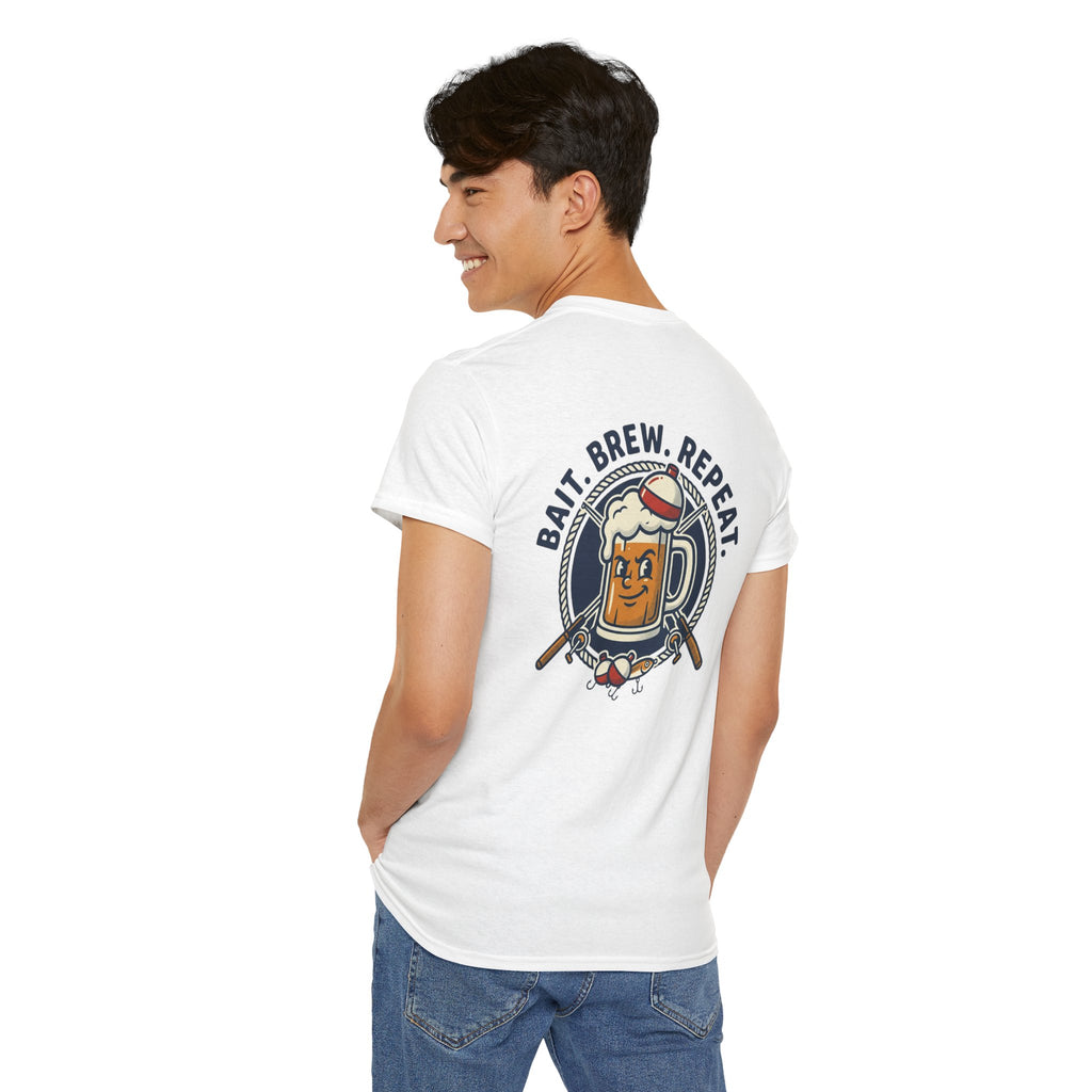 Beer & Fishing T-Shirt — “Bait. Brew. Repeat.” Graphic Tee