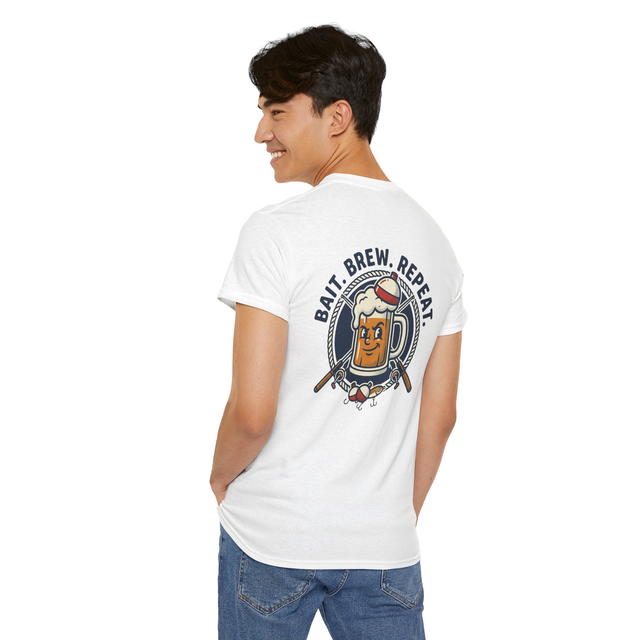 Beer & Fishing T-Shirt — “Bait. Brew. Repeat.” Graphic Tee