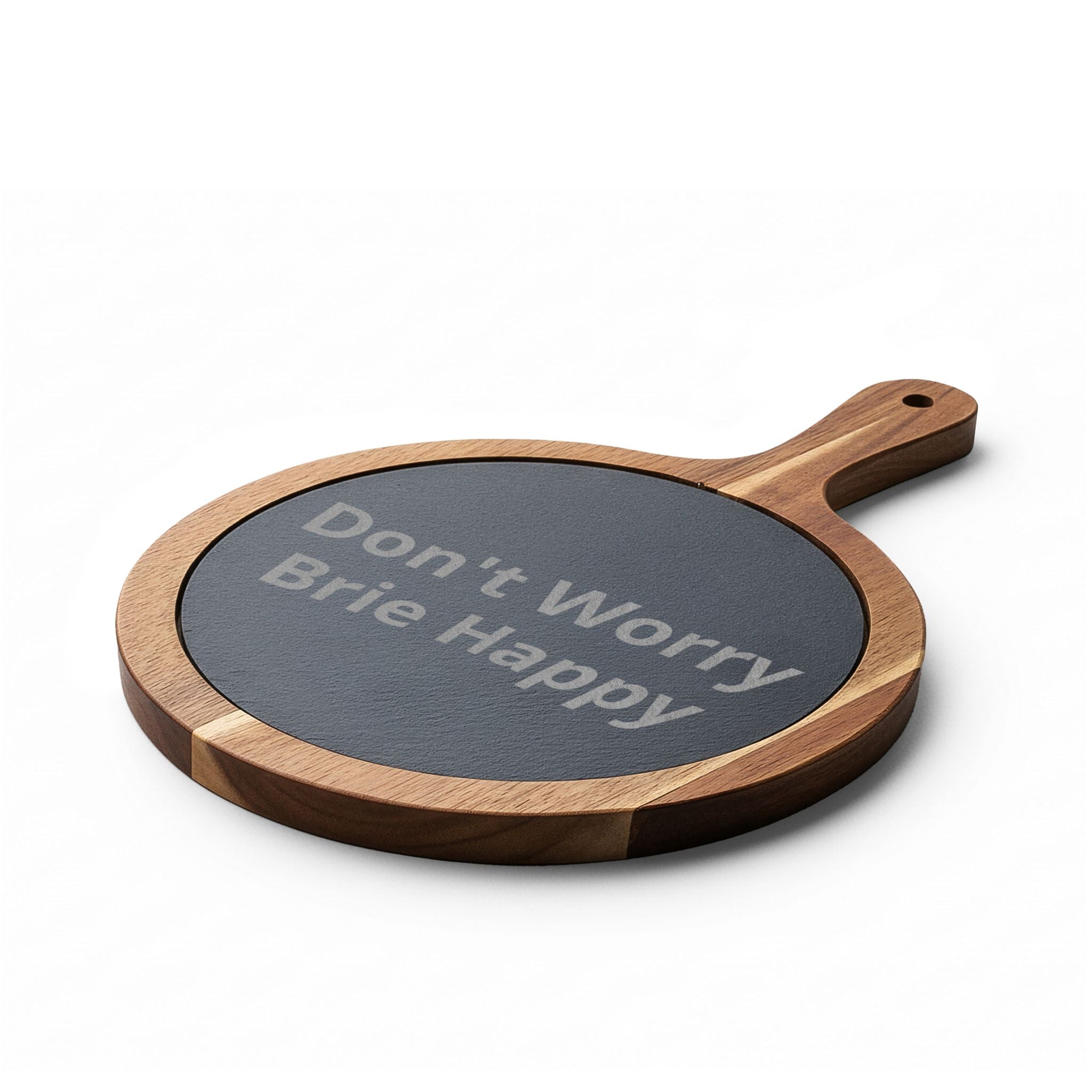 Engraved Acacia Charcuterie Board - "Don't Worry Brie Happy" Slate Cheese Set