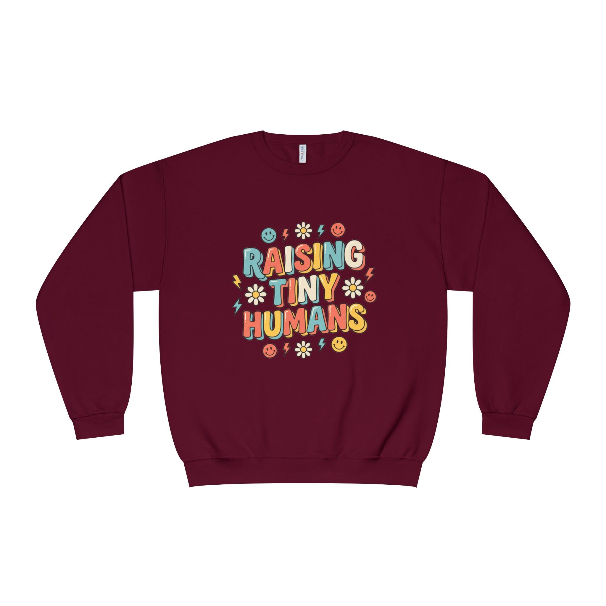 Crewneck Sweatshirt — "Raising Tiny Humans" Colorful Retro Parent Tee