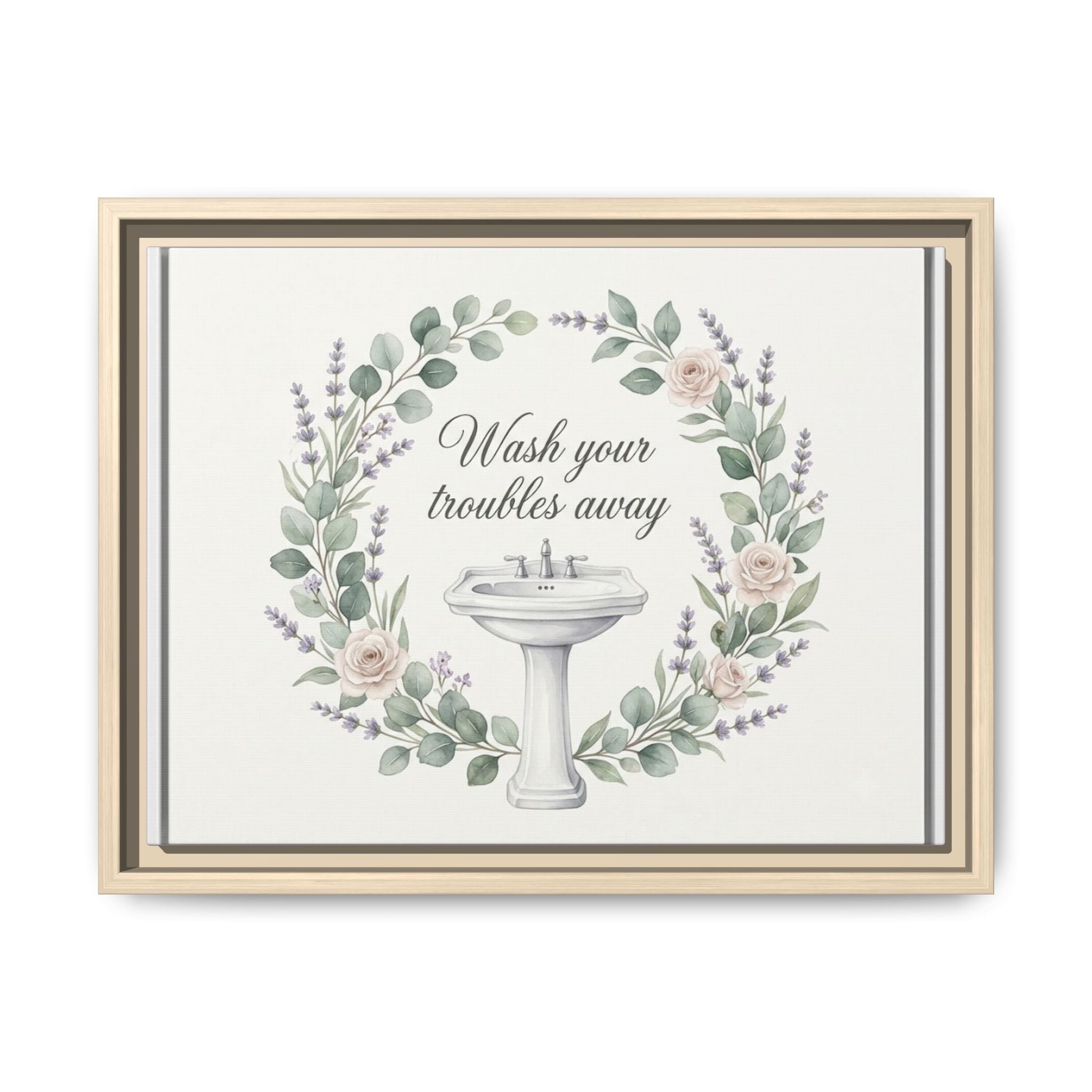 Framed Matte Canvas Wall Art — "Wash Your Troubles Away" Floral Bathroom Sign