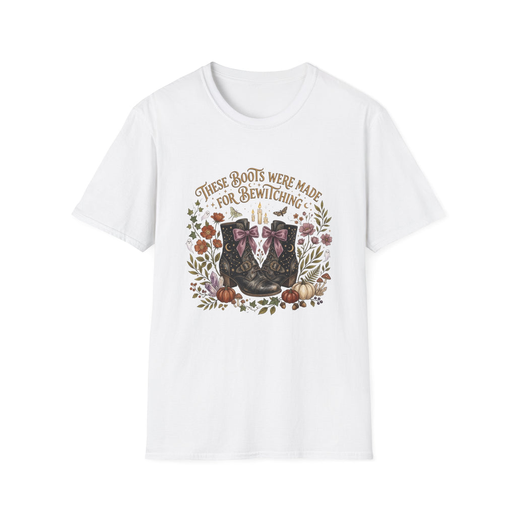 Witchy Boots T-Shirt — "These Boots Were Made for Bewitching" Floral Halloween Tee