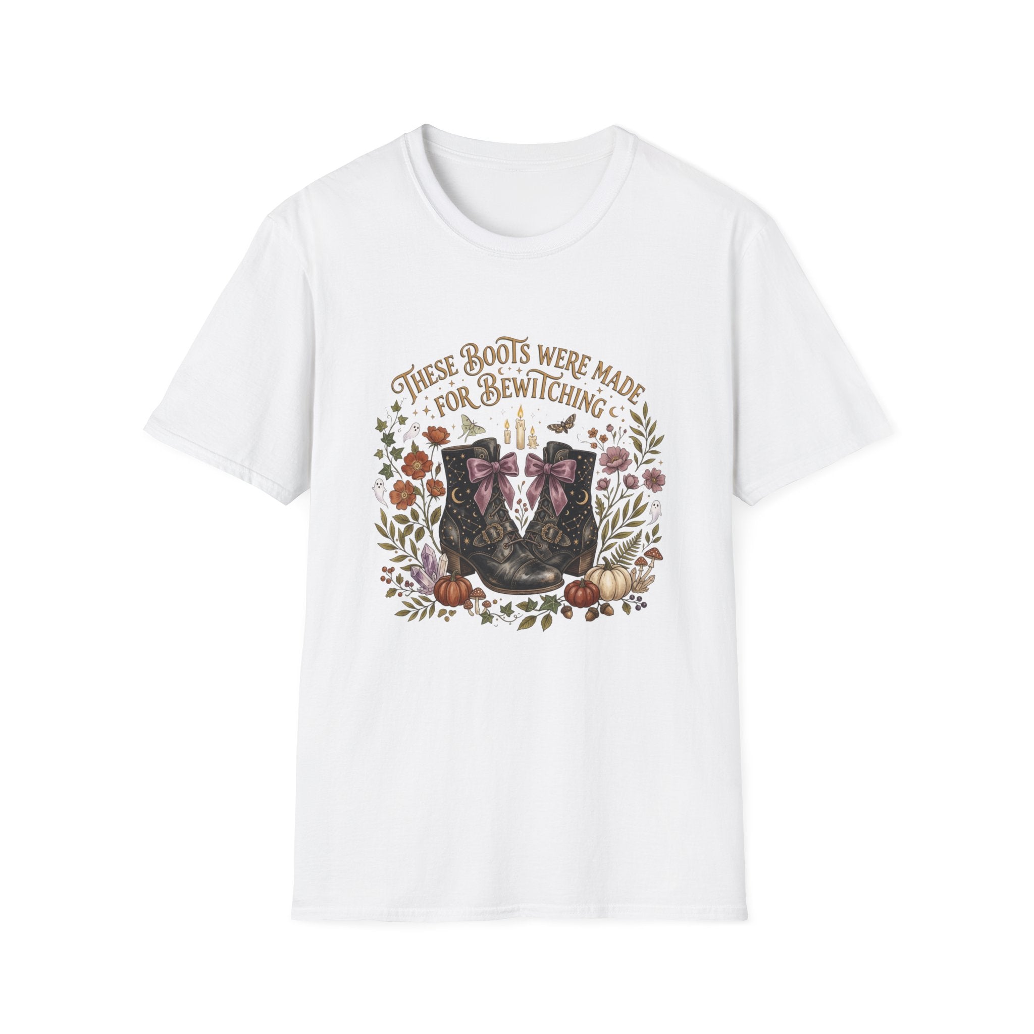 Witchy Boots T-Shirt — "These Boots Were Made for Bewitching" Floral Halloween Tee