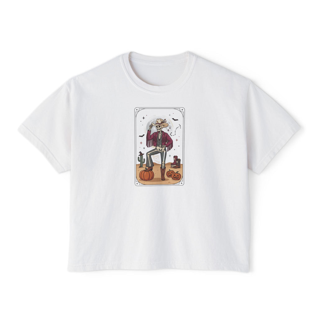 Witch Cat Tarot Boxy Tee — Fall Pumpkin Magic Women’s T-Shirt