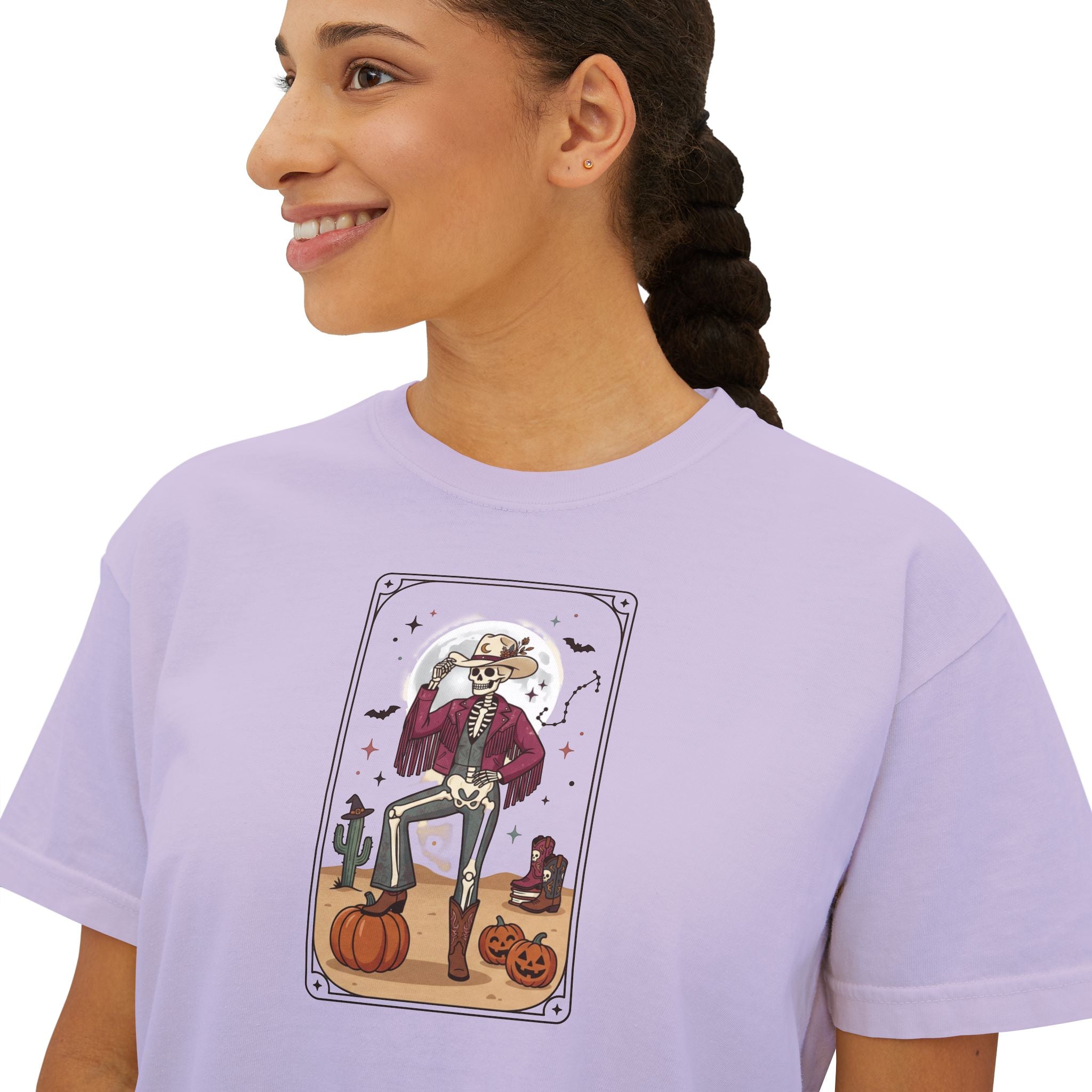 Witch Cat Tarot Boxy Tee — Fall Pumpkin Magic Women’s T-Shirt