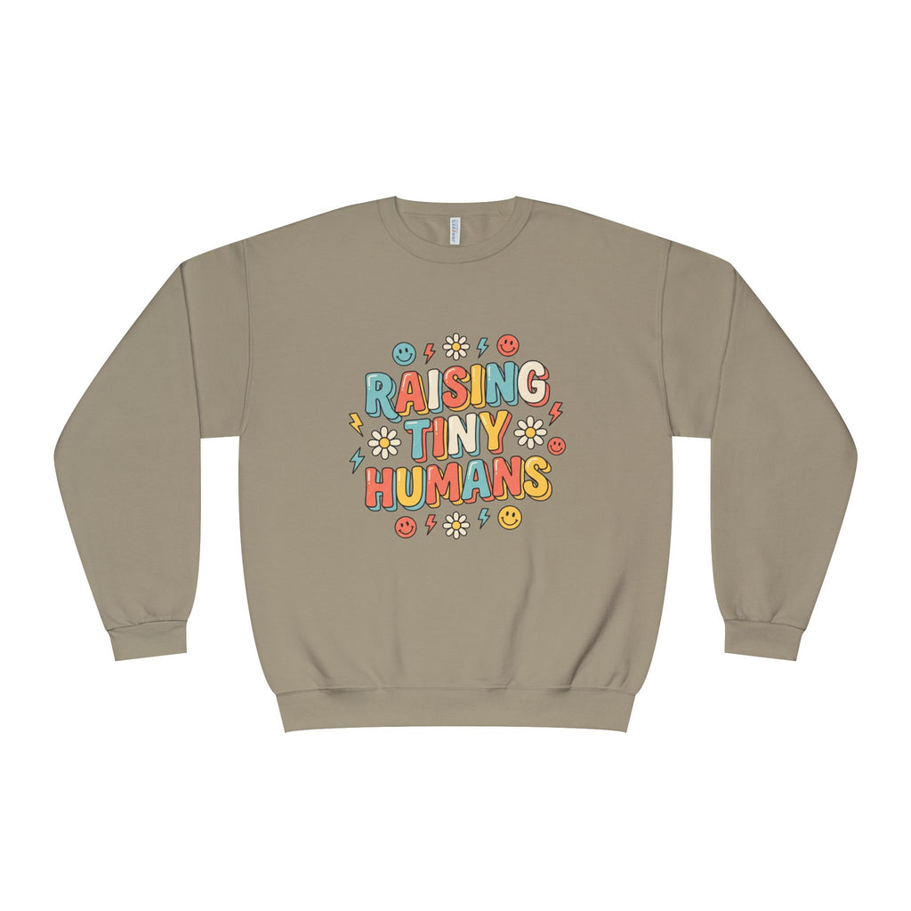 Crewneck Sweatshirt — "Raising Tiny Humans" Colorful Retro Parent Tee